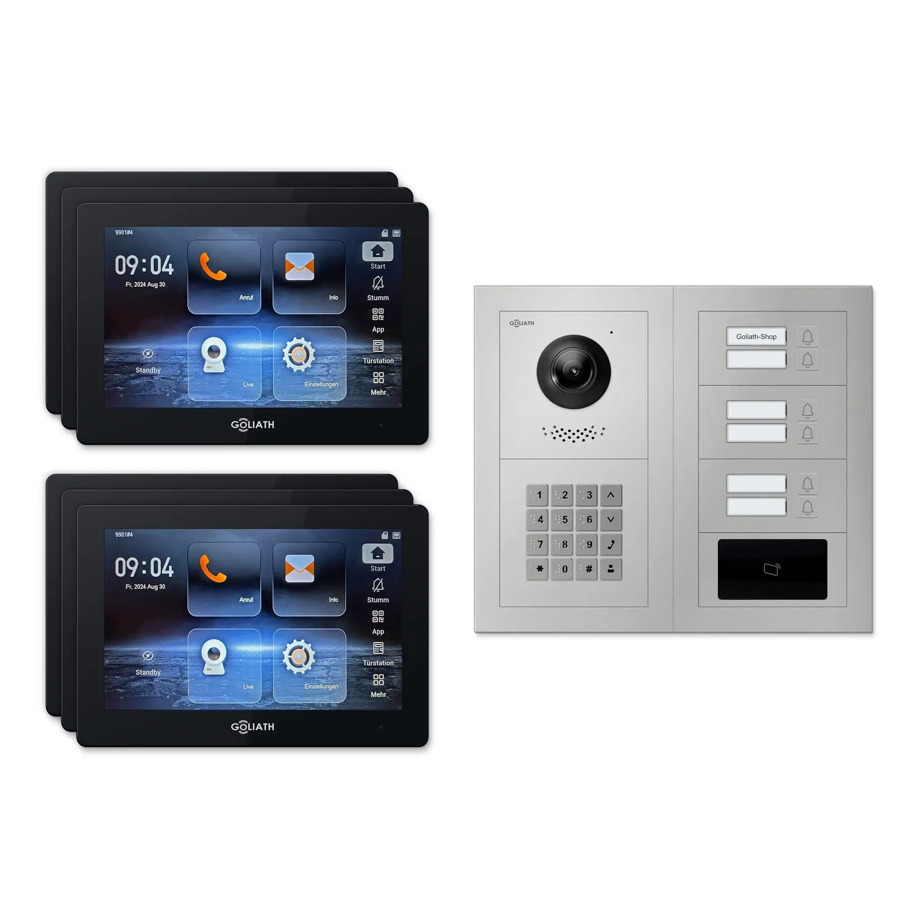 Goliath Türsprechanlage mit Kamera GL-HB620.3 für 6-Familienhaus: 6 Monitore mit 7 Zoll in Schwarz, Außenstation in Silber mit 6 Klingeltasten sowie RFID, Zahlencode. Set für Aufputzmontage.