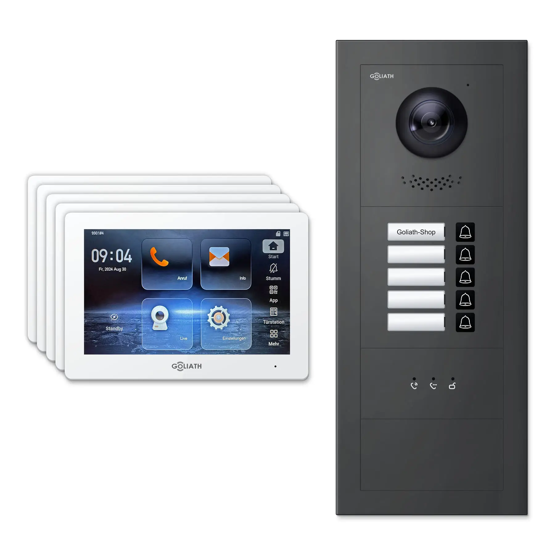 Goliath Türsprechanlage mit Kamera GL-HB540A.1 für 5-Familienhaus: 5 Monitore mit 7 Zoll in Weiß, Außenstation in Anthrazit mit 5 Klingeltasten sowie Statusanzeige. Set für Aufputzmontage.