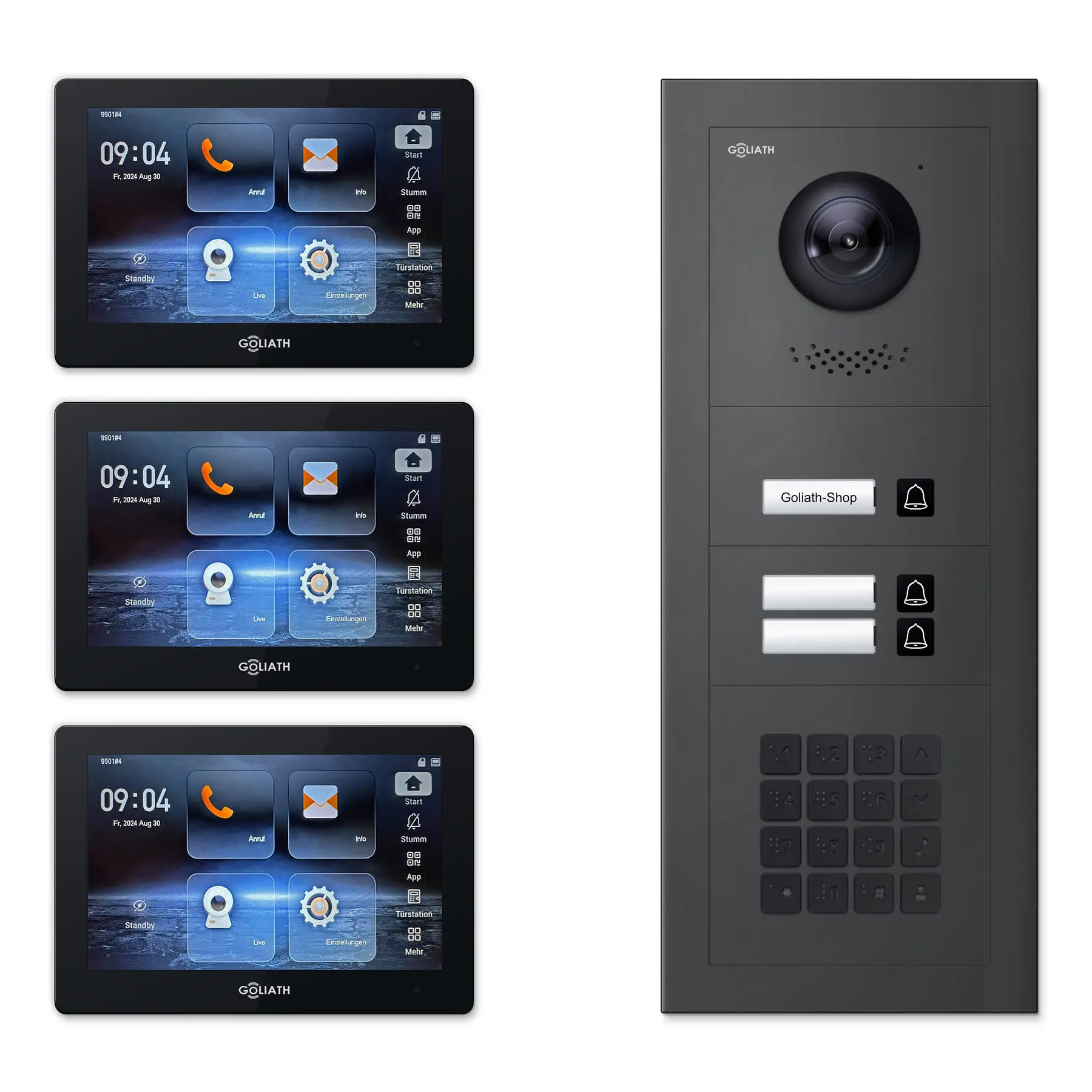 Goliath Video Türsprechanlage GL-IPH325A.6 für 3-Familienhaus: 3 Monitore mit 7 Zoll in Schwarz, Außenstation in Anthrazit mit 3 Klingeltasten sowie Zahlencode. Set für Aufputzmontage.