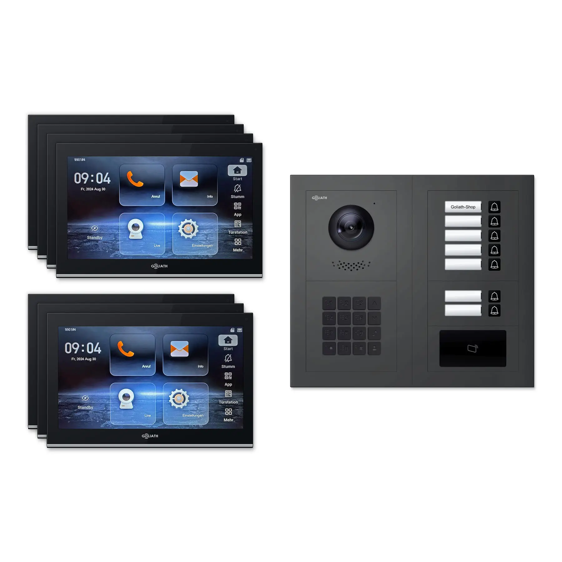 Goliath Video Türsprechanlage GL-IPH720A.3 für 7-Familienhaus: 7 Monitore mit 10 Zoll in Schwarz, Außenstation in Anthrazit mit 7 Klingeltasten sowie RFID, Zahlencode. Set für Aufputzmontage.