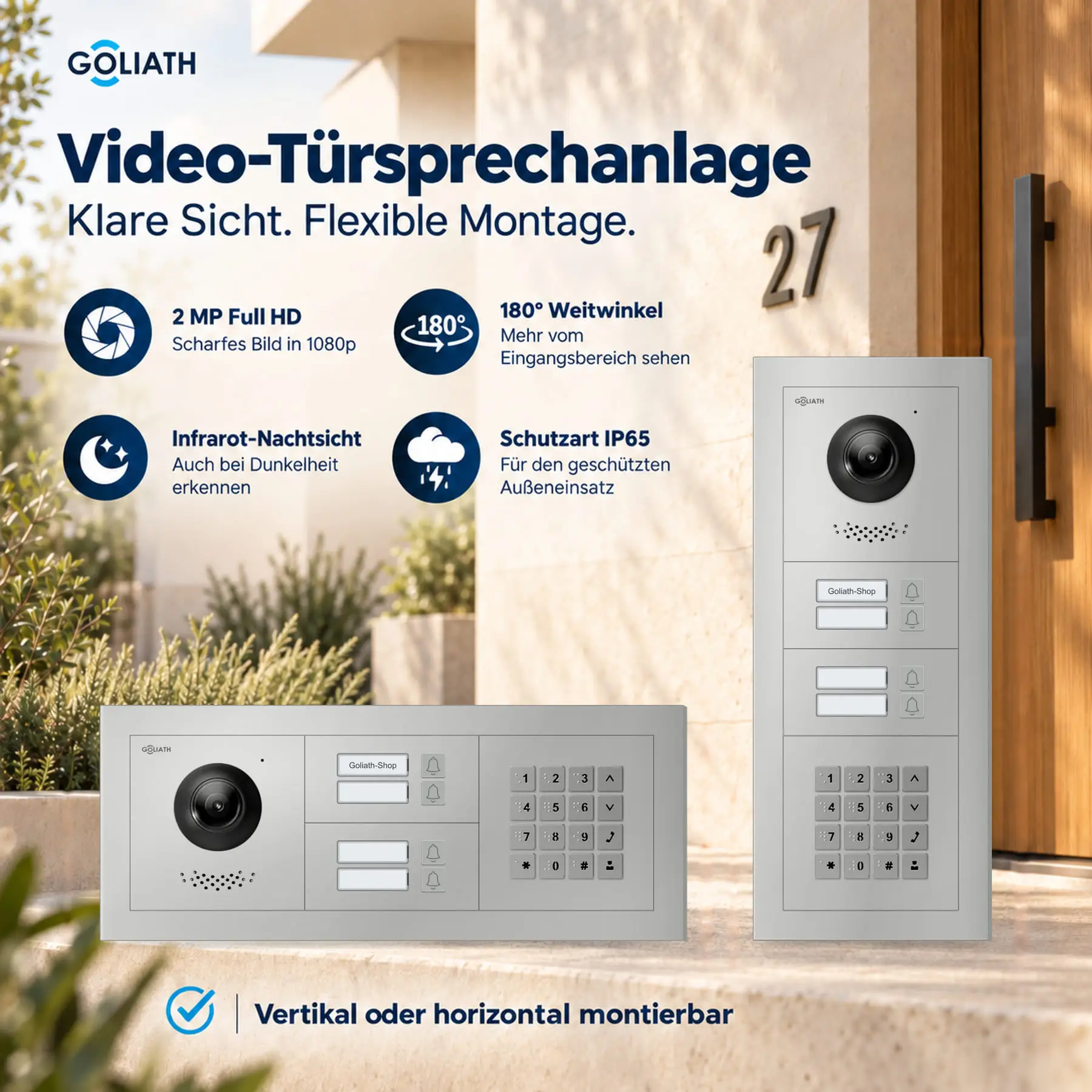 Goliath Premium-Line-Außenstation in Silber mit Kamera, 4 Klingeltasten und Zahlencode-Tastatur. Senkrechte und waagerechte Anordnung auf Naturstein.
