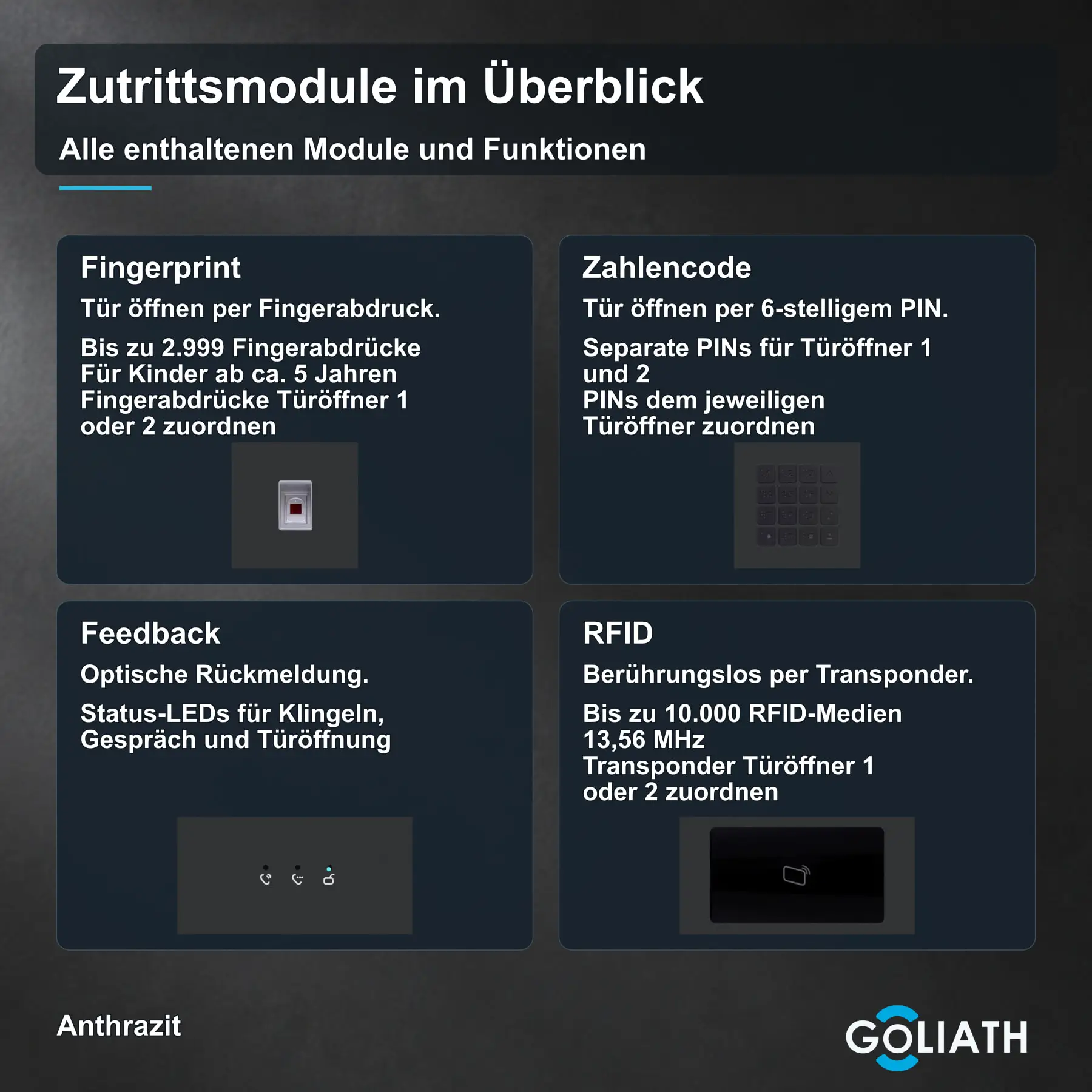 Gemeinsame Übersicht der enthaltenen Module Fingerprint, Zahlencode, Feedback, RFID in Anthrazit, mit Funktionen und Originalabbildungen.