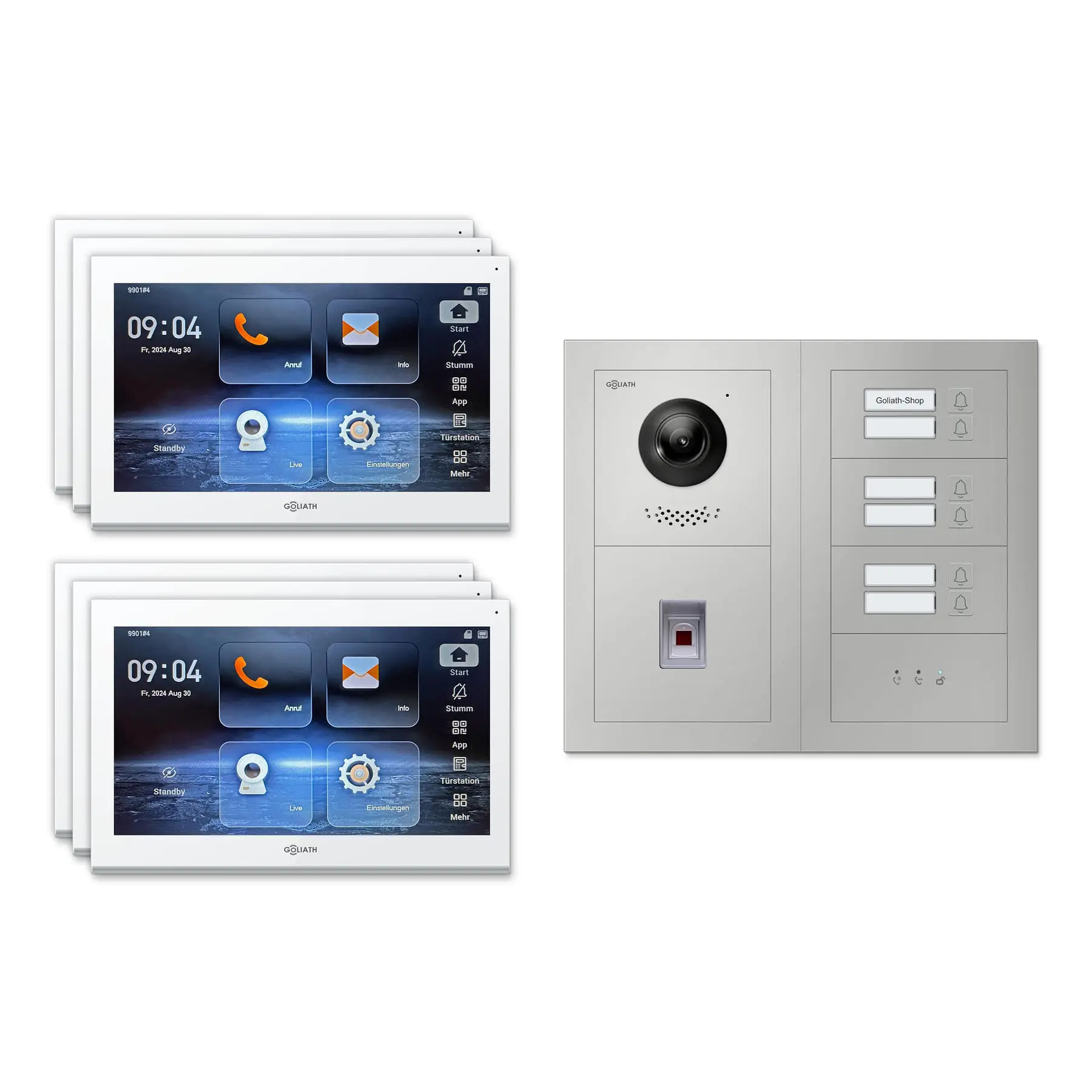 Goliath Video Türsprechanlage GL-IPH650.1 für 6-Familienhaus: 6 Monitore mit 10 Zoll in Weiß, Außenstation in Silber mit 6 Klingeltasten sowie Statusanzeige, Fingerprint. Set für Aufputzmontage.