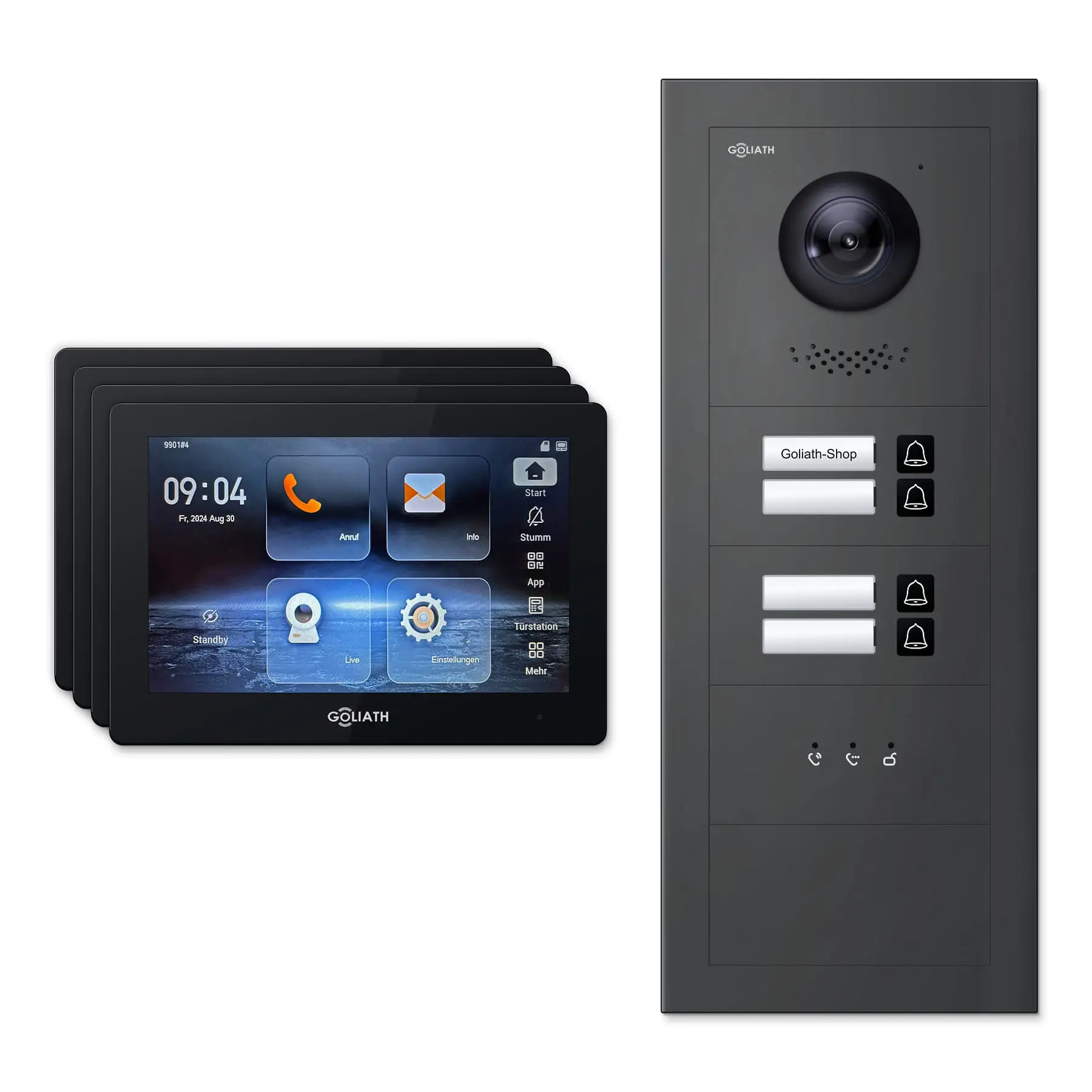Goliath Türsprechanlage mit Kamera GL-HB440A.2 für 4-Familienhaus: 4 Monitore mit 7 Zoll in Schwarz, Außenstation in Anthrazit mit 4 Klingeltasten sowie Statusanzeige. Set für Unterputzmontage.