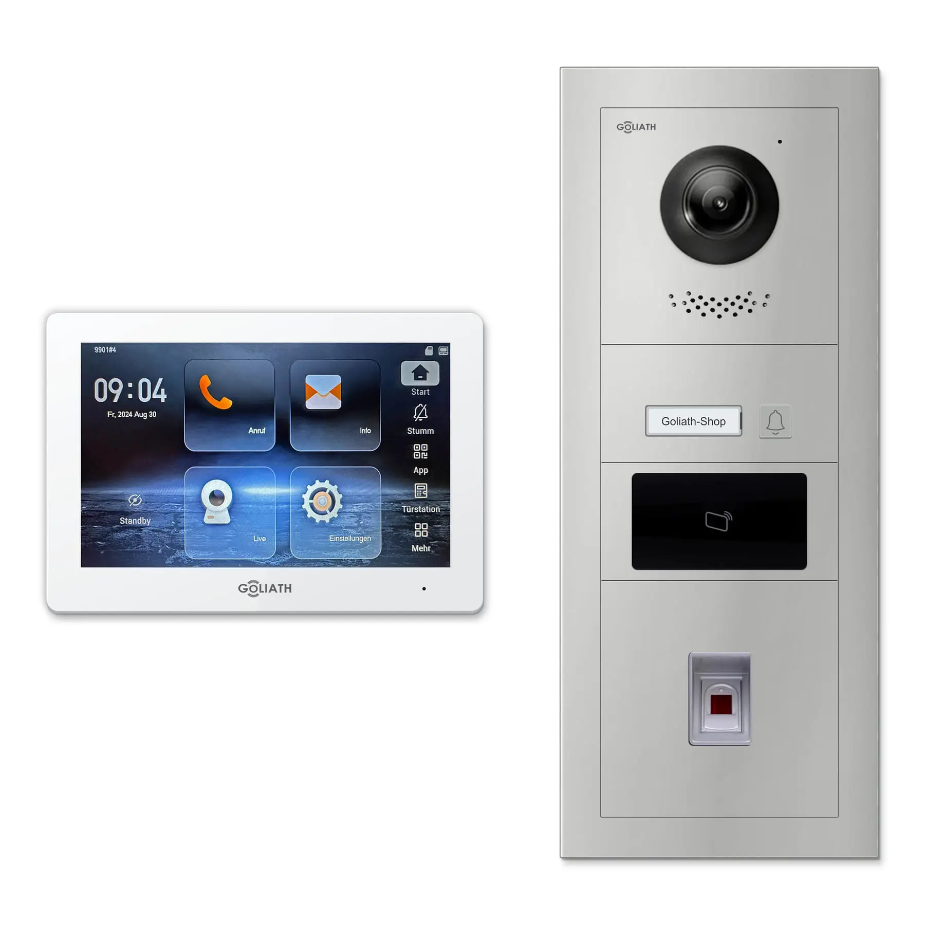 Goliath Video Türsprechanlage GL-IPH145.2 für 1-Familienhaus: 1 Monitor mit 7 Zoll in Weiß, Außenstation in Silber mit 1 Klingeltaste sowie RFID, Fingerprint. Set für Aufputzmontage.
