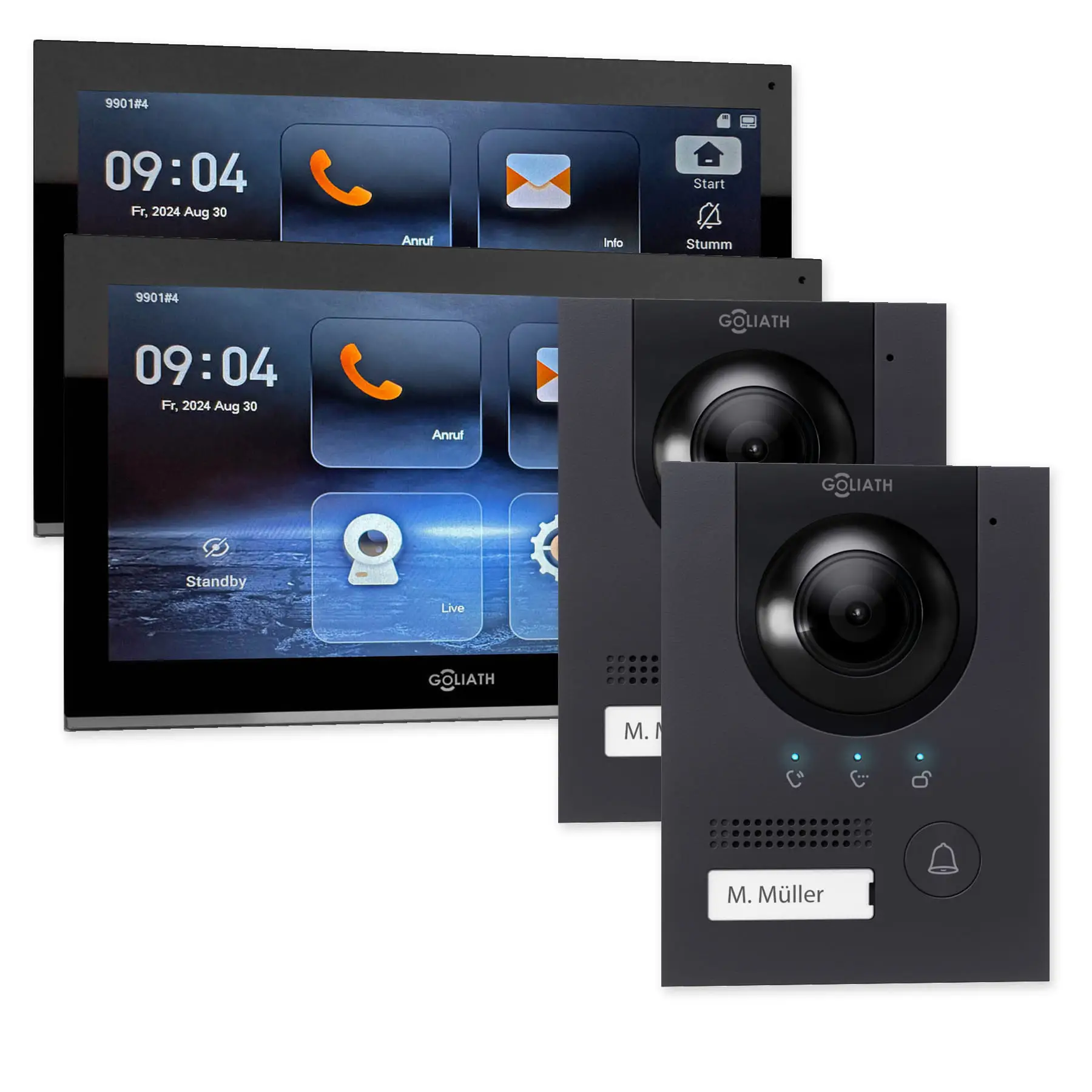 Goliath IP-Set mit zwei anthrazitfarbenen Kompakt-Außenstationen und 2 schwarzen 10-Zoll-Innenmonitoren.