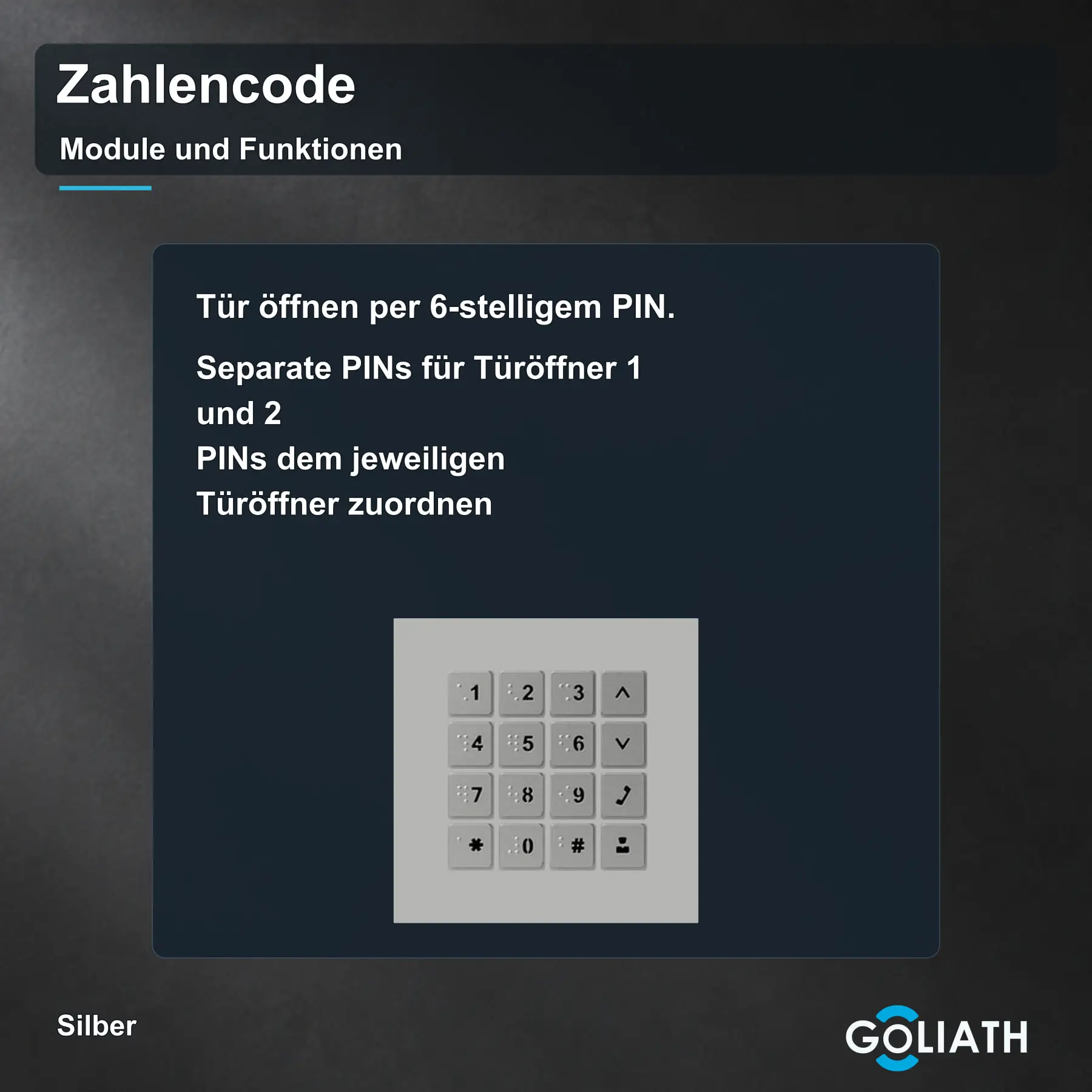 Zahlencode-Tastatur für die Goliath Türsprechanlage in Silber: Türöffnung per PIN.