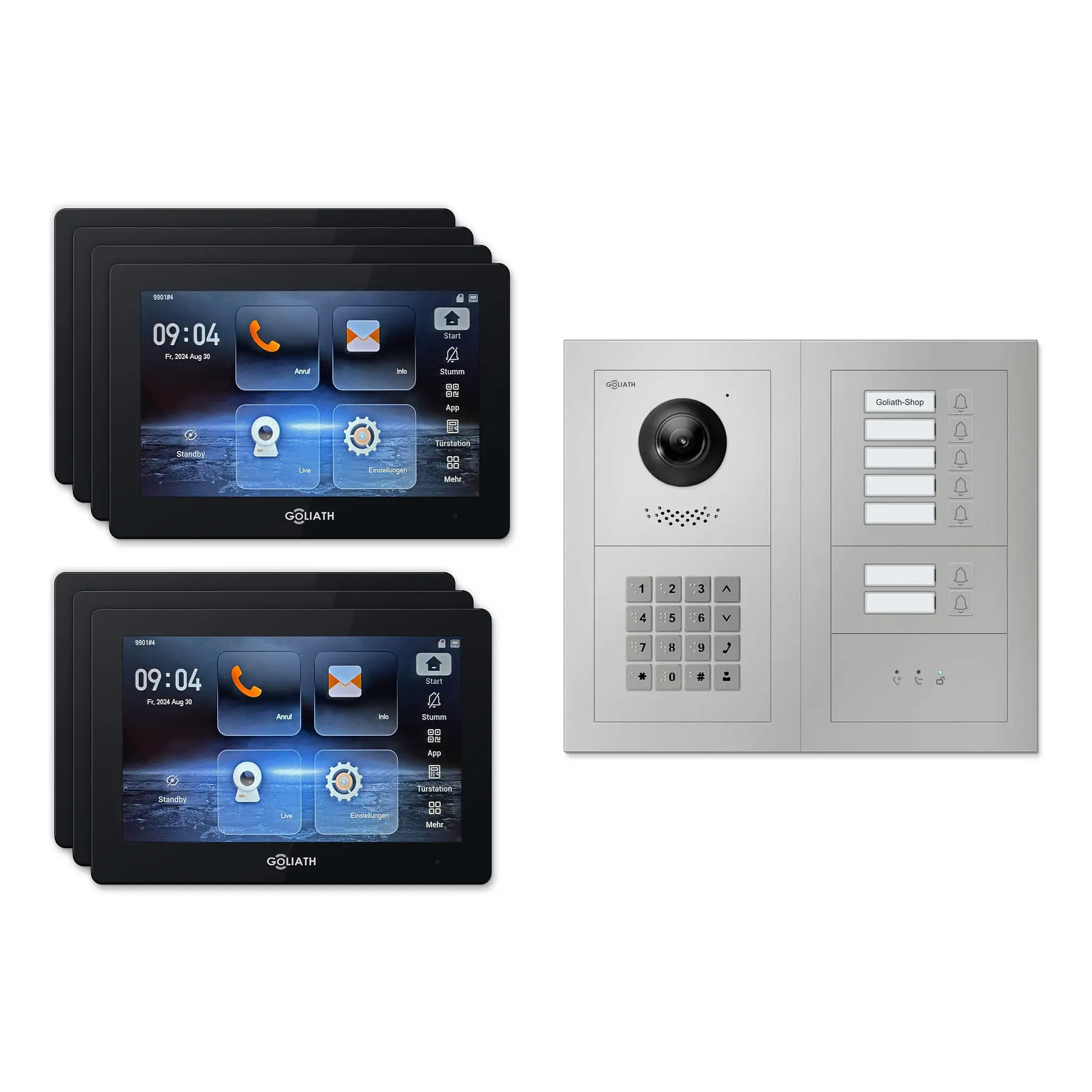 Goliath Türsprechanlage mit Kamera GL-HB730.3 für 7-Familienhaus: 7 Monitore mit 7 Zoll in Schwarz, Außenstation in Silber mit 7 Klingeltasten sowie Statusanzeige, Zahlencode. Set für Aufputzmontage.