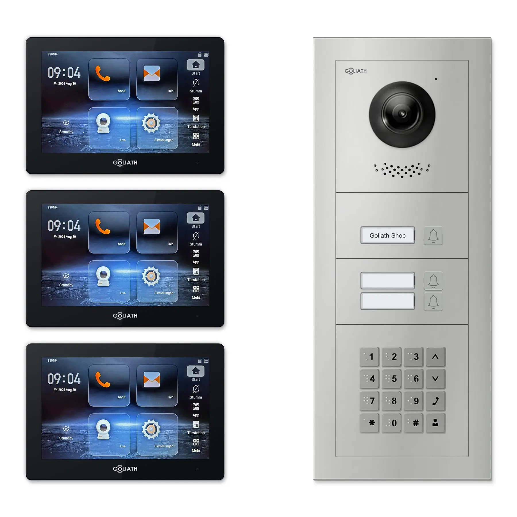 Goliath Video Türsprechanlage GL-IPH325.4 für 3-Familienhaus: 3 Monitore mit 7 Zoll in Schwarz, Außenstation in Silber mit 3 Klingeltasten sowie Zahlencode. Set für Unterputzmontage.