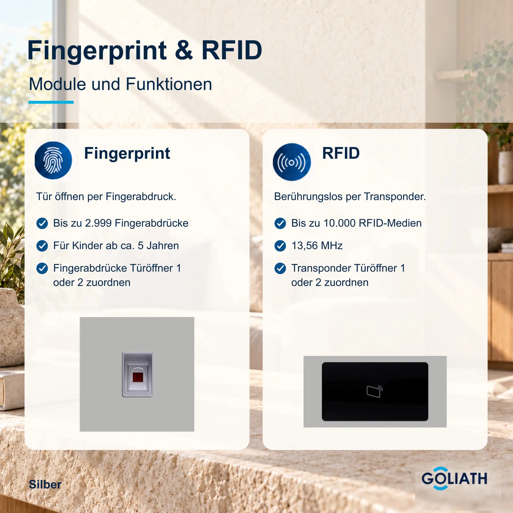 Fingerprint-Modul und RFID-Leser für die Goliath Türsprechanlage in Silber: Türöffnung per Fingerabdruck und berührungslose Türöffnung per Transponder.