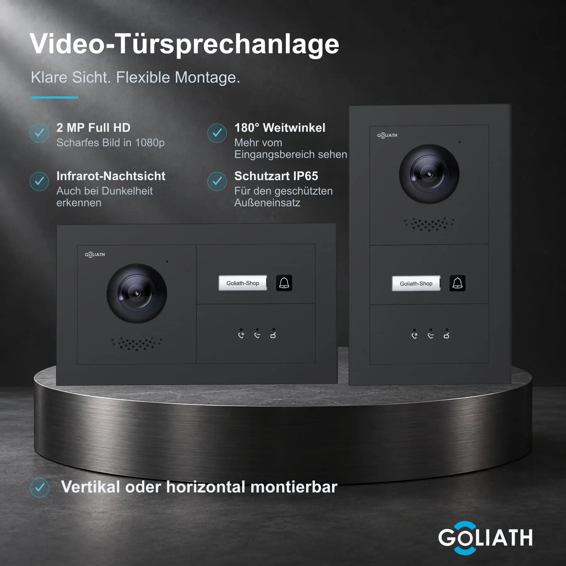 Goliath Premium-Line-Außenstation in Anthrazit mit Kamera, 1 Klingeltaste und Feedback-Anzeige. Senkrechte und waagerechte Anordnung auf Naturstein.