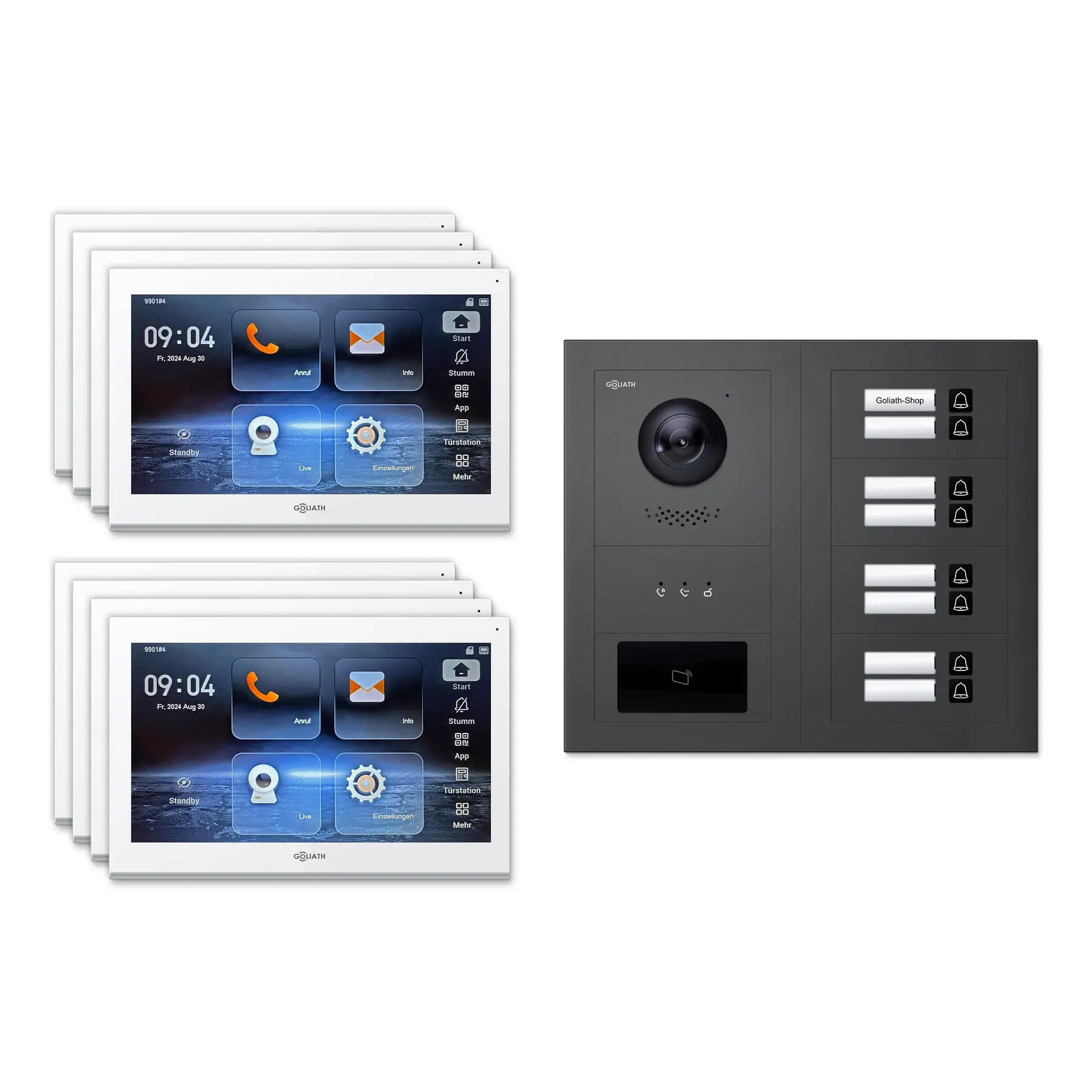 Goliath Video Türsprechanlage GL-IPH810A.1 für 8-Familienhaus: 8 Monitore mit 10 Zoll in Weiß, Außenstation in Anthrazit mit 8 Klingeltasten sowie Statusanzeige, RFID. Set für Aufputzmontage.