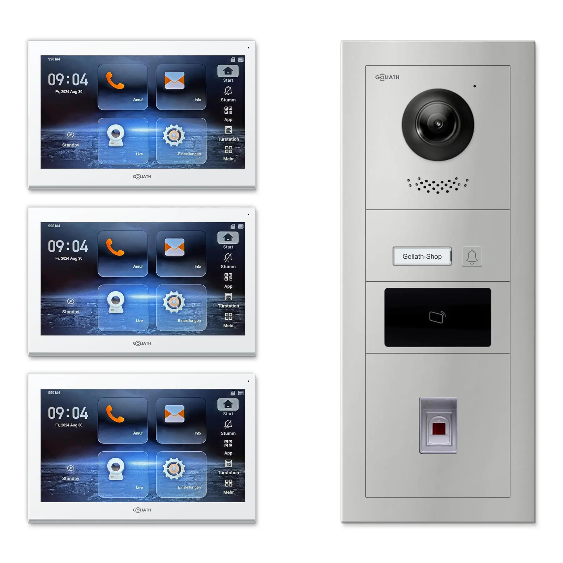 Goliath Video Türsprechanlage GL-IPH142.2 für 1-Familienhaus: 3 Monitore mit 10 Zoll in Weiß, Außenstation in Silber mit 1 Klingeltaste sowie RFID, Fingerprint. Set für Aufputzmontage.