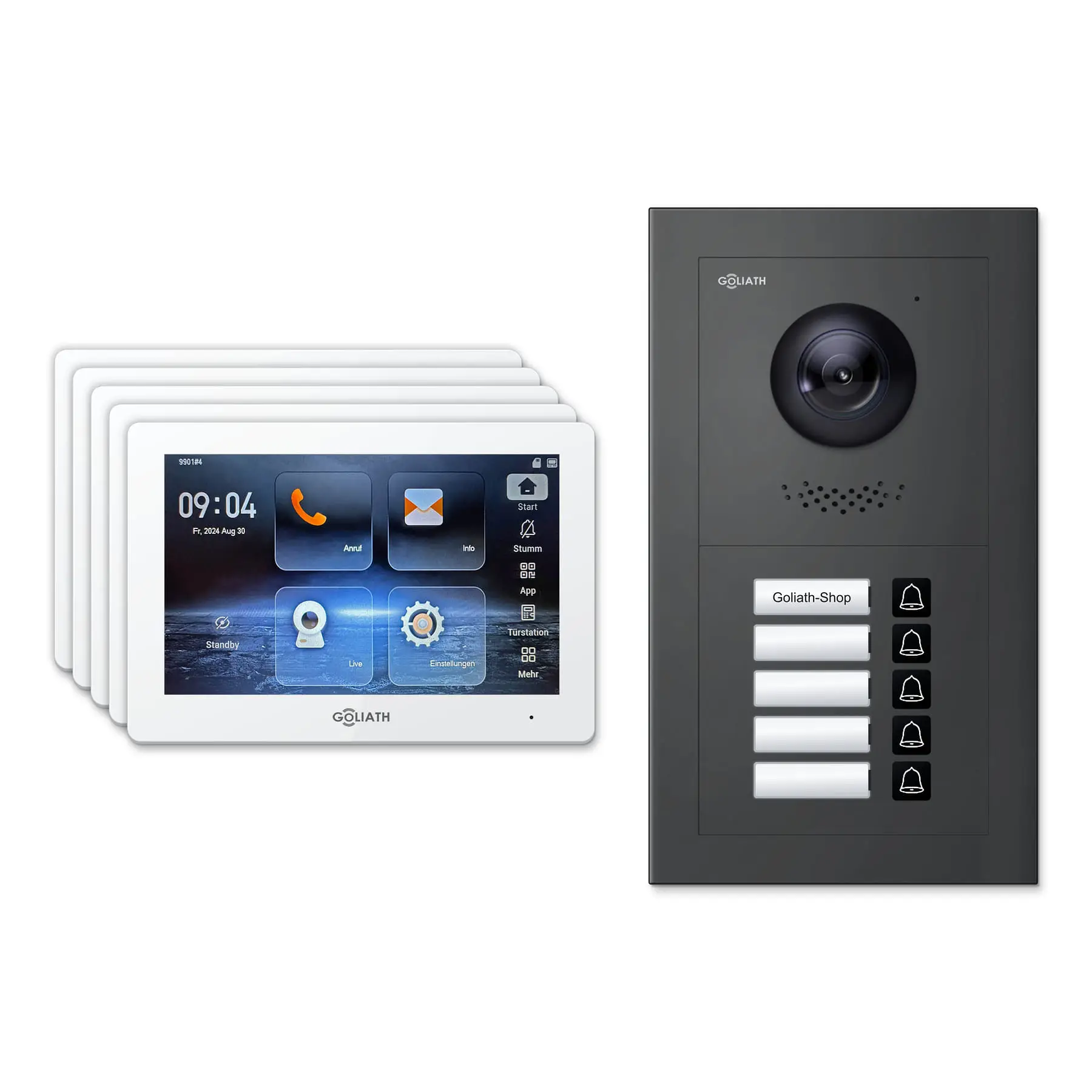 Goliath Video Türsprechanlage GL-IPH505A für 5-Familienhaus: 5 Monitore mit 7 Zoll in Weiß, Außenstation in Anthrazit mit 5 Klingeltasten. Set für Unterputzmontage.