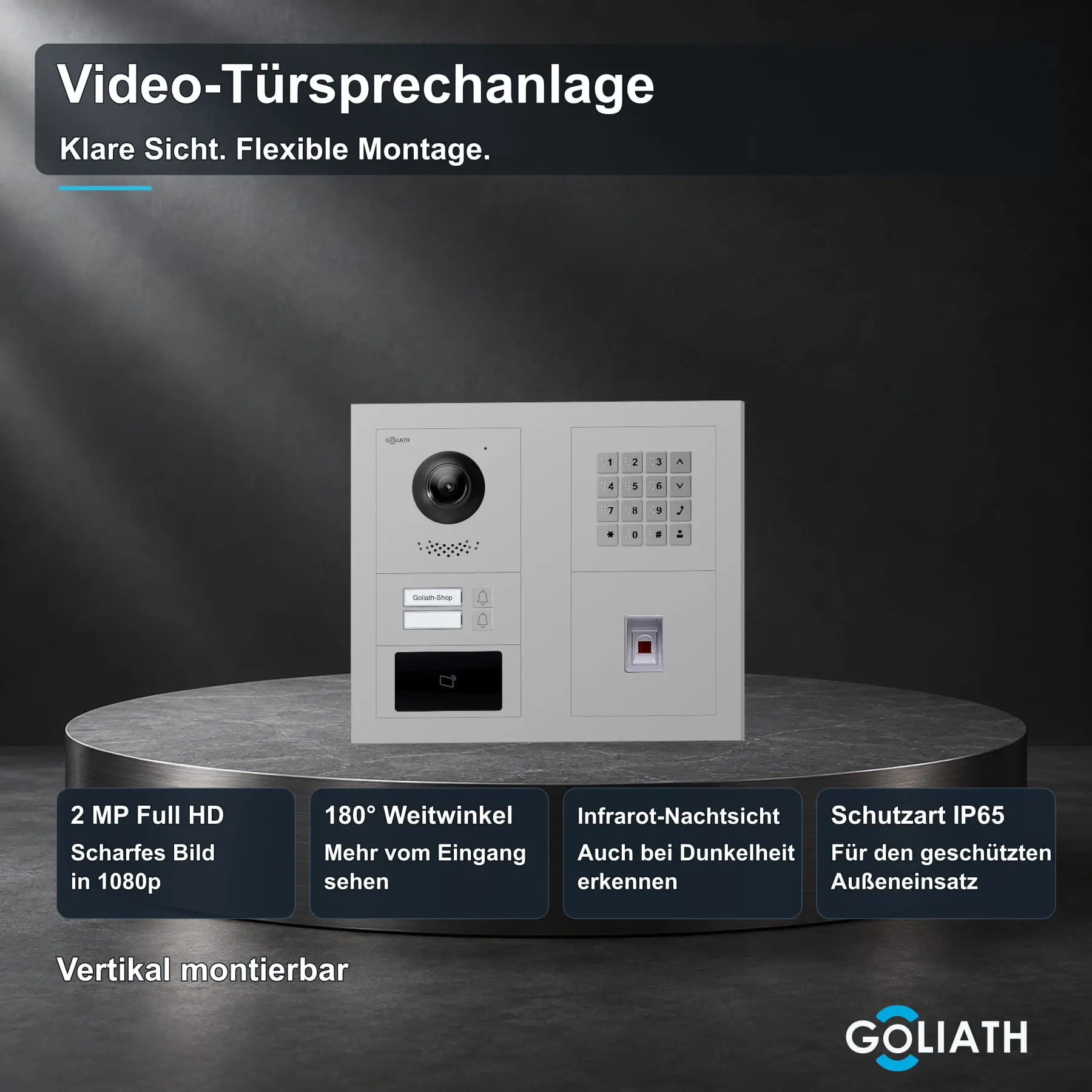 Goliath Außenstation in Silber mit 2 Klingeltasten, Fingerprint, Zahlencode und RFID. Originalmodule in zwei Spalten; 2 MP Full HD, 180° Blickwinkel, Infrarot-Nachtsicht und IP65.