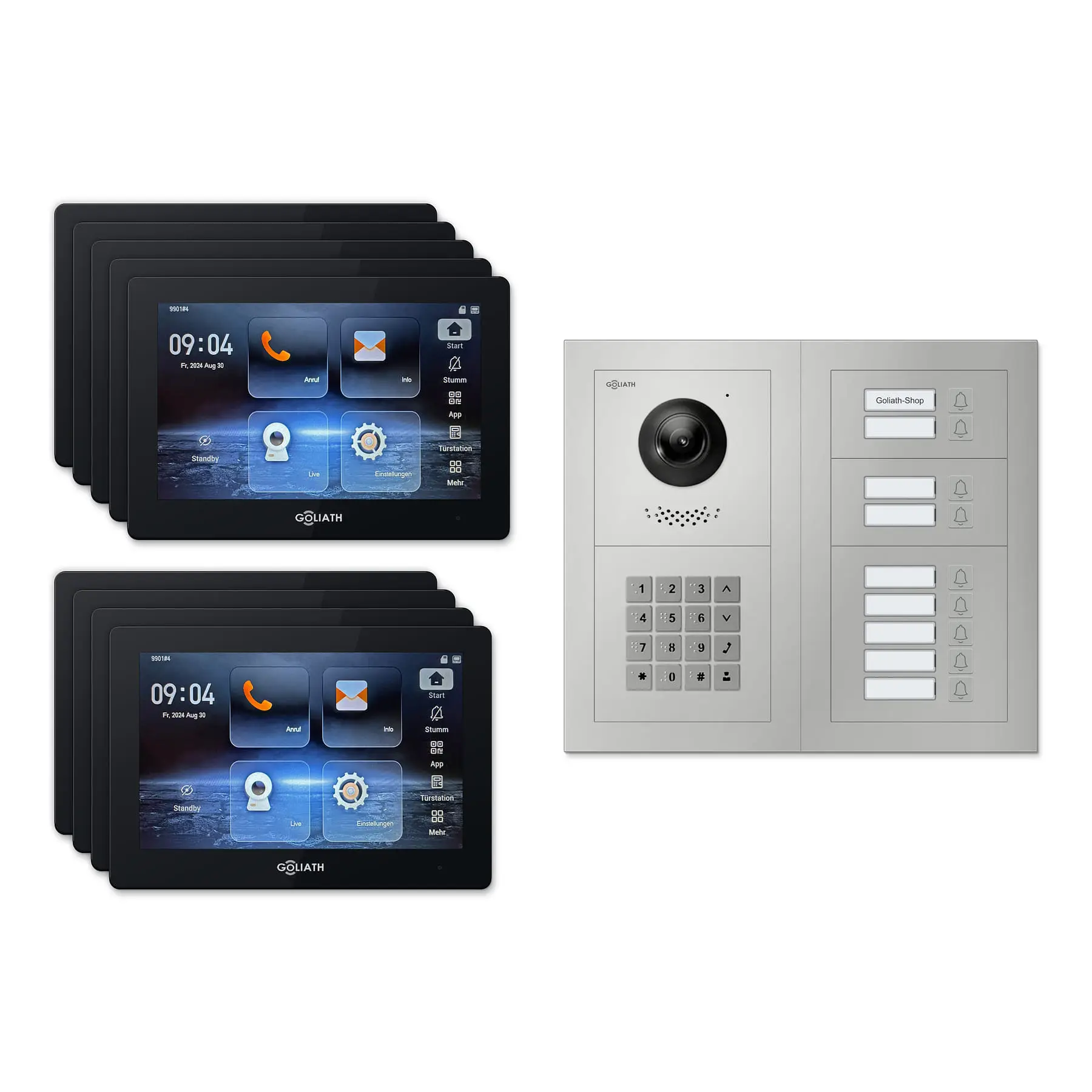 Goliath Video Türsprechanlage GL-IPH925.2 für 9-Familienhaus: 9 Monitore mit 7 Zoll in Schwarz, Außenstation in Silber mit 9 Klingeltasten sowie Zahlencode. Set für Unterputzmontage.
