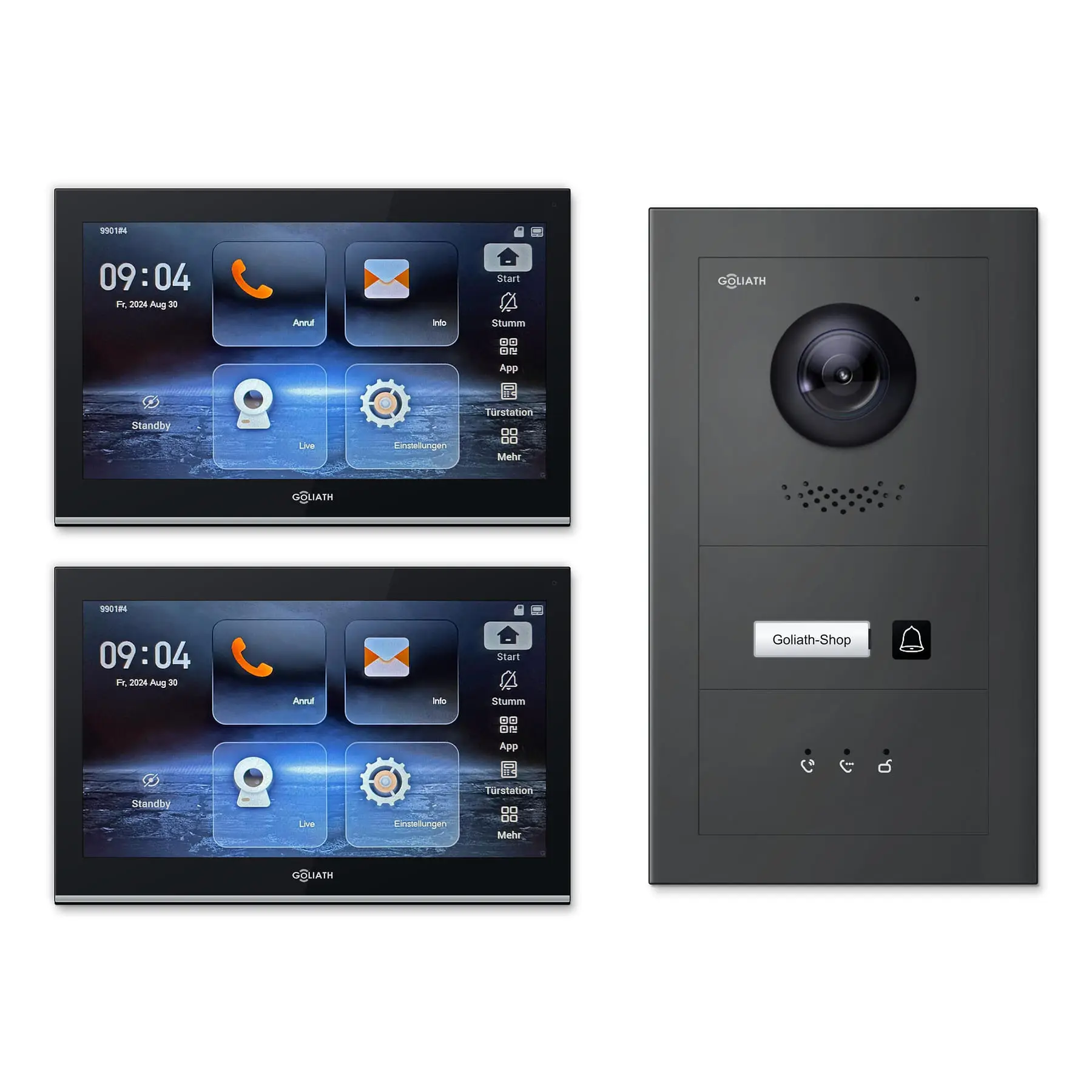 Goliath Video Türsprechanlage GL-IPH101A.4 für 1-Familienhaus: 2 Monitore mit 10 Zoll in Schwarz, Außenstation in Anthrazit mit 1 Klingeltaste sowie Statusanzeige. Set für Unterputzmontage.