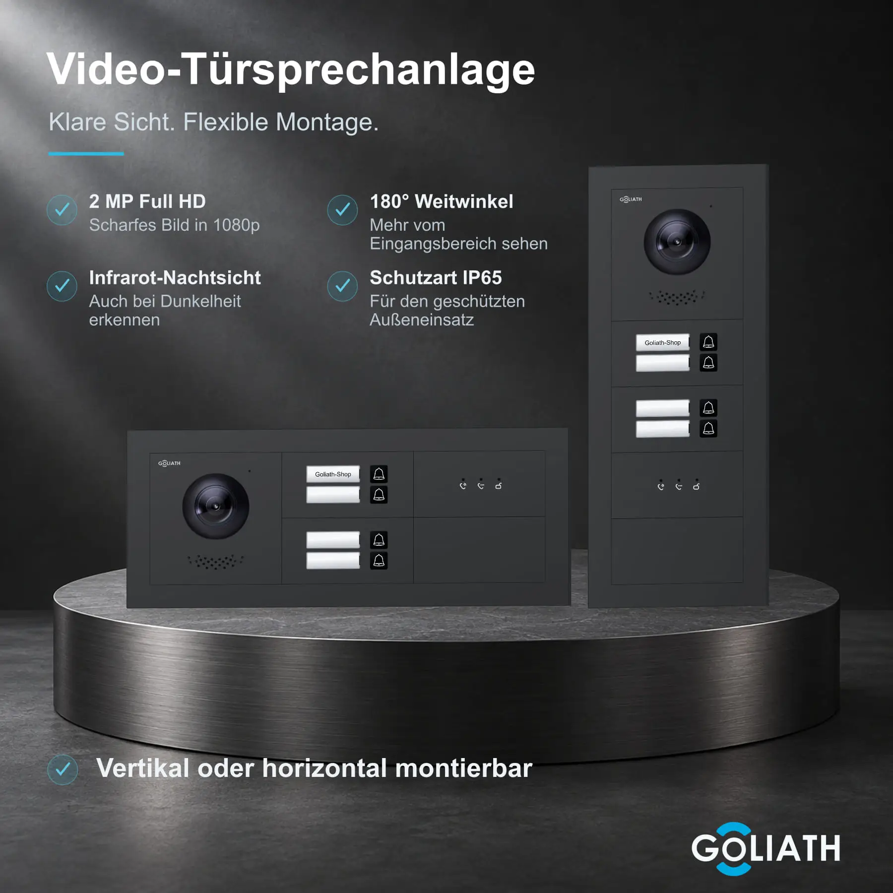 Goliath Premium-Line-Außenstation in Anthrazit mit Kamera, 4 Klingeltasten und Feedback-Anzeige. Senkrechte und waagerechte Anordnung auf Naturstein.