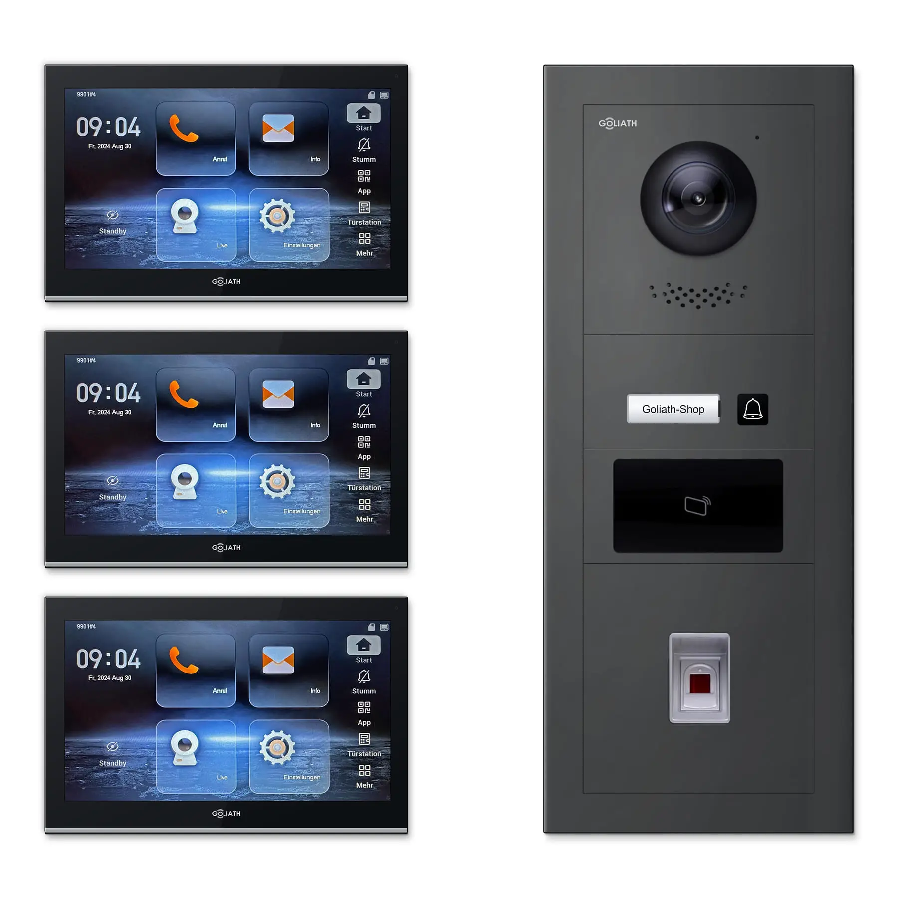 Goliath Video Türsprechanlage GL-IPH142A.6 für 1-Familienhaus: 3 Monitore mit 10 Zoll in Schwarz, Außenstation in Anthrazit mit 1 Klingeltaste sowie RFID, Fingerprint. Set für Aufputzmontage.