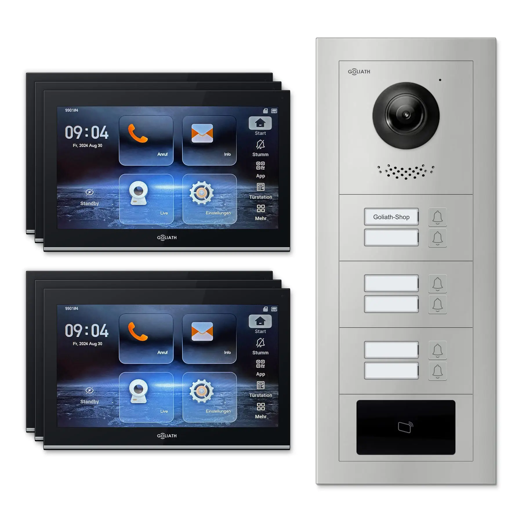 Goliath Video Türsprechanlage GL-IPH610.2 für 6-Familienhaus: 6 Monitore mit 10 Zoll in Schwarz, Außenstation in Silber mit 6 Klingeltasten sowie RFID. Set für Unterputzmontage.