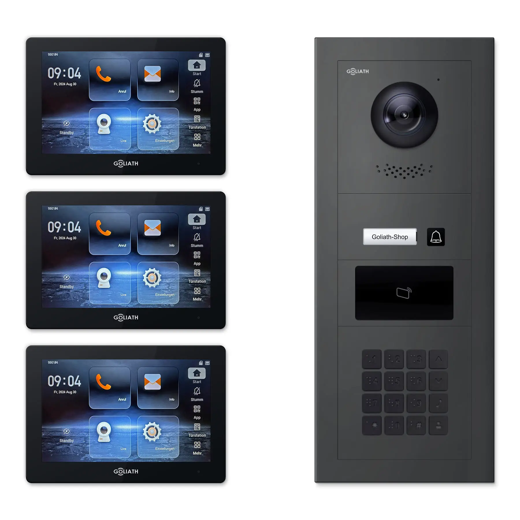 Goliath Türsprechanlage mit Kamera GL-HB152A.3 für 1-Familienhaus: 3 Monitore mit 7 Zoll in Schwarz, Außenstation in Anthrazit mit 1 Klingeltaste sowie RFID, Zahlencode. Set für Aufputzmontage.