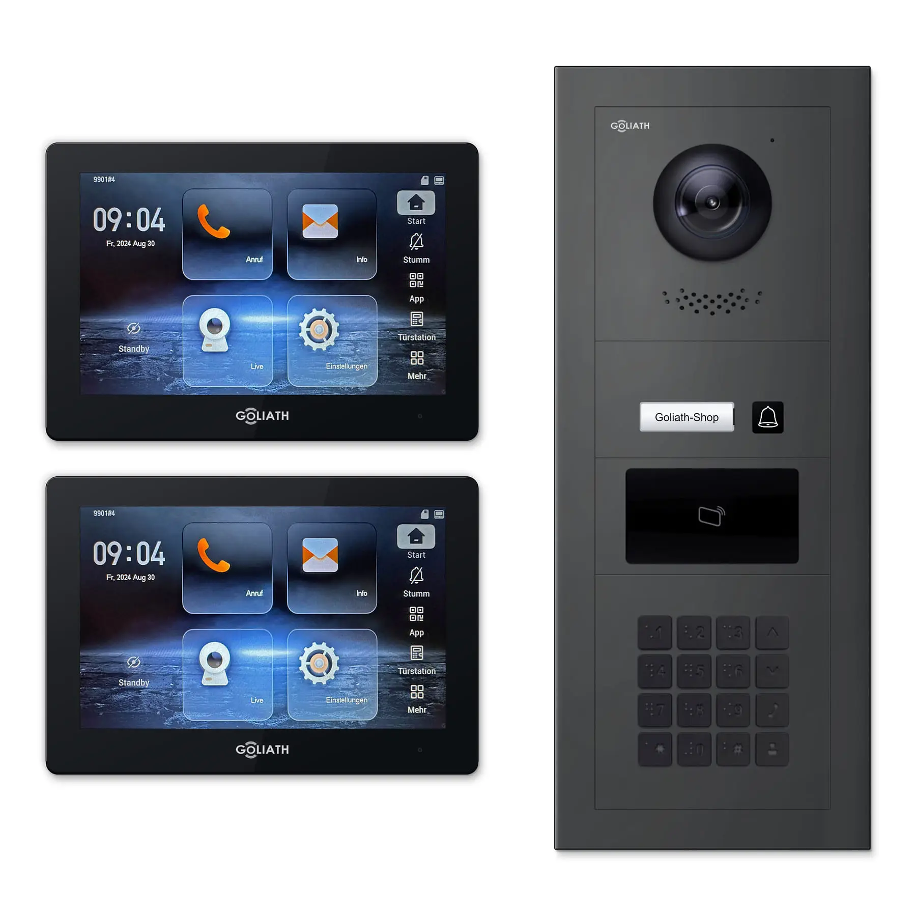 Goliath Video Türsprechanlage GL-IPH156A.6 für 1-Familienhaus: 2 Monitore mit 7 Zoll in Schwarz, Außenstation in Anthrazit mit 1 Klingeltaste sowie RFID, Zahlencode. Set für Aufputzmontage.