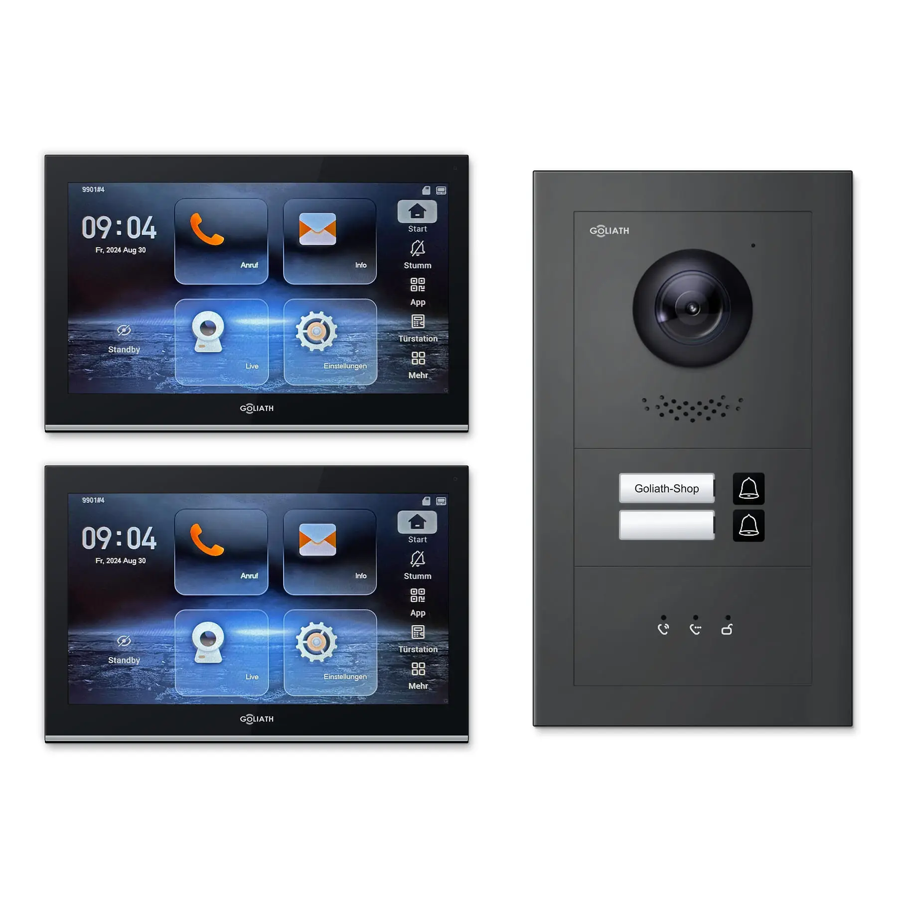 Goliath Video Türsprechanlage GL-IPH200A.4 für 2-Familienhaus: 2 Monitore mit 10 Zoll in Schwarz, Außenstation in Anthrazit mit 2 Klingeltasten sowie Statusanzeige. Set für Unterputzmontage.