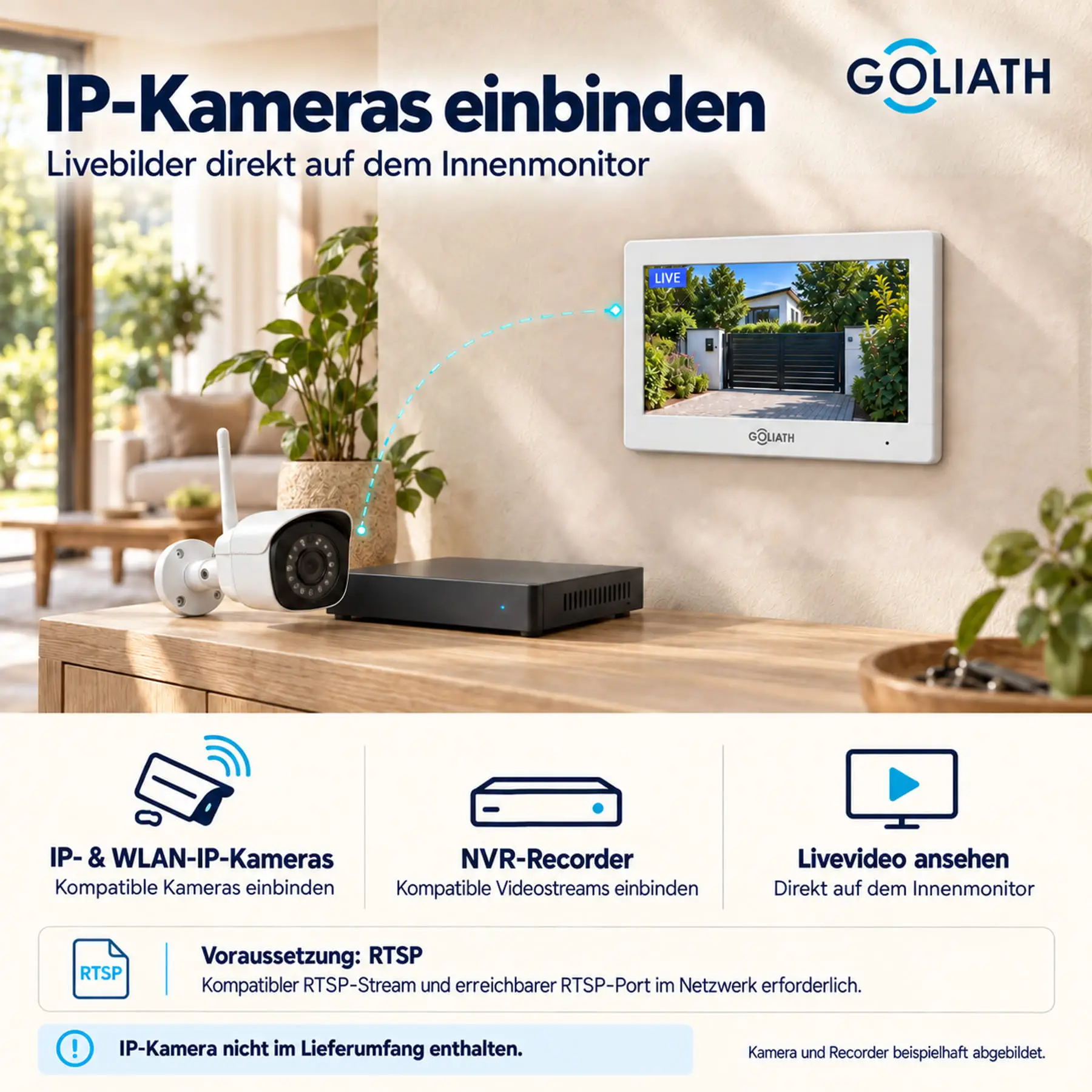 Wandmontierter Innenmonitor mit Livebild einer Einfahrt; IP-Kamera und NVR beispielhaft. Ein kompatibler RTSP-Stream ist erforderlich. Kamera nicht enthalten.