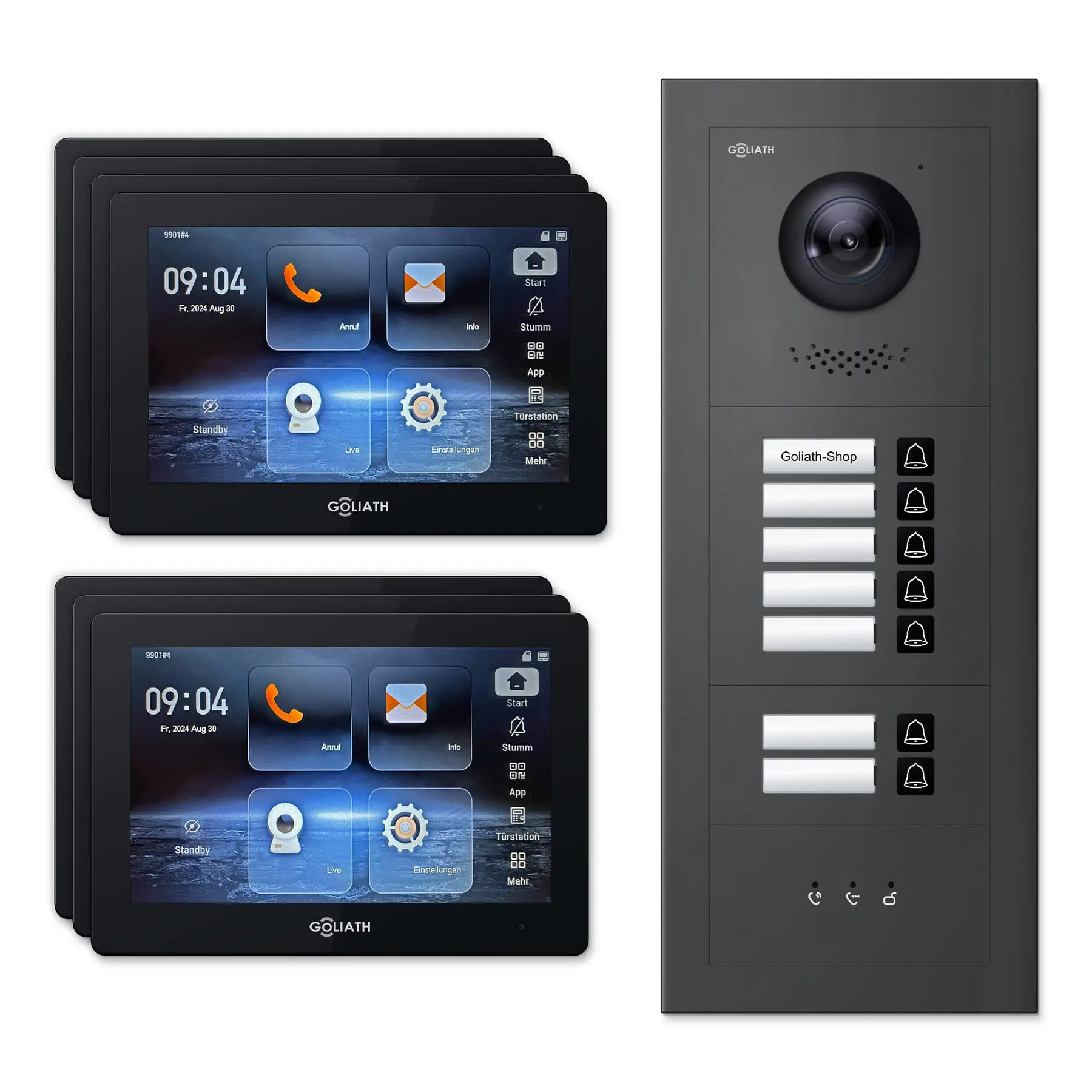 Goliath Türsprechanlage mit Kamera GL-HB700A.2 für 7-Familienhaus: 7 Monitore mit 7 Zoll in Schwarz, Außenstation in Anthrazit mit 7 Klingeltasten sowie Statusanzeige. Set für Unterputzmontage.