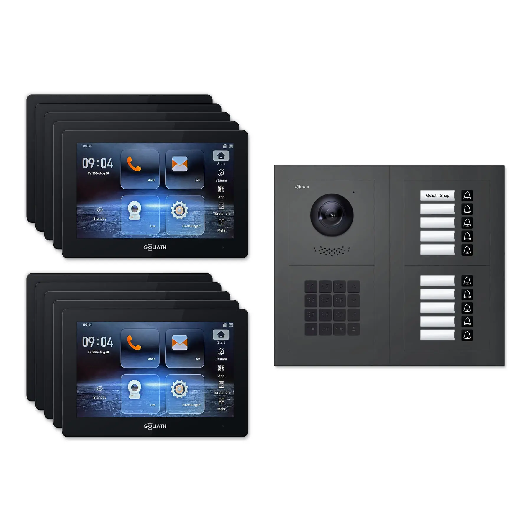 Goliath Video Türsprechanlage GL-IPH1025A.3 für 10-Familienhaus: 10 Monitore mit 7 Zoll in Schwarz, Außenstation in Anthrazit mit 10 Klingeltasten sowie Zahlencode. Set für Aufputzmontage.