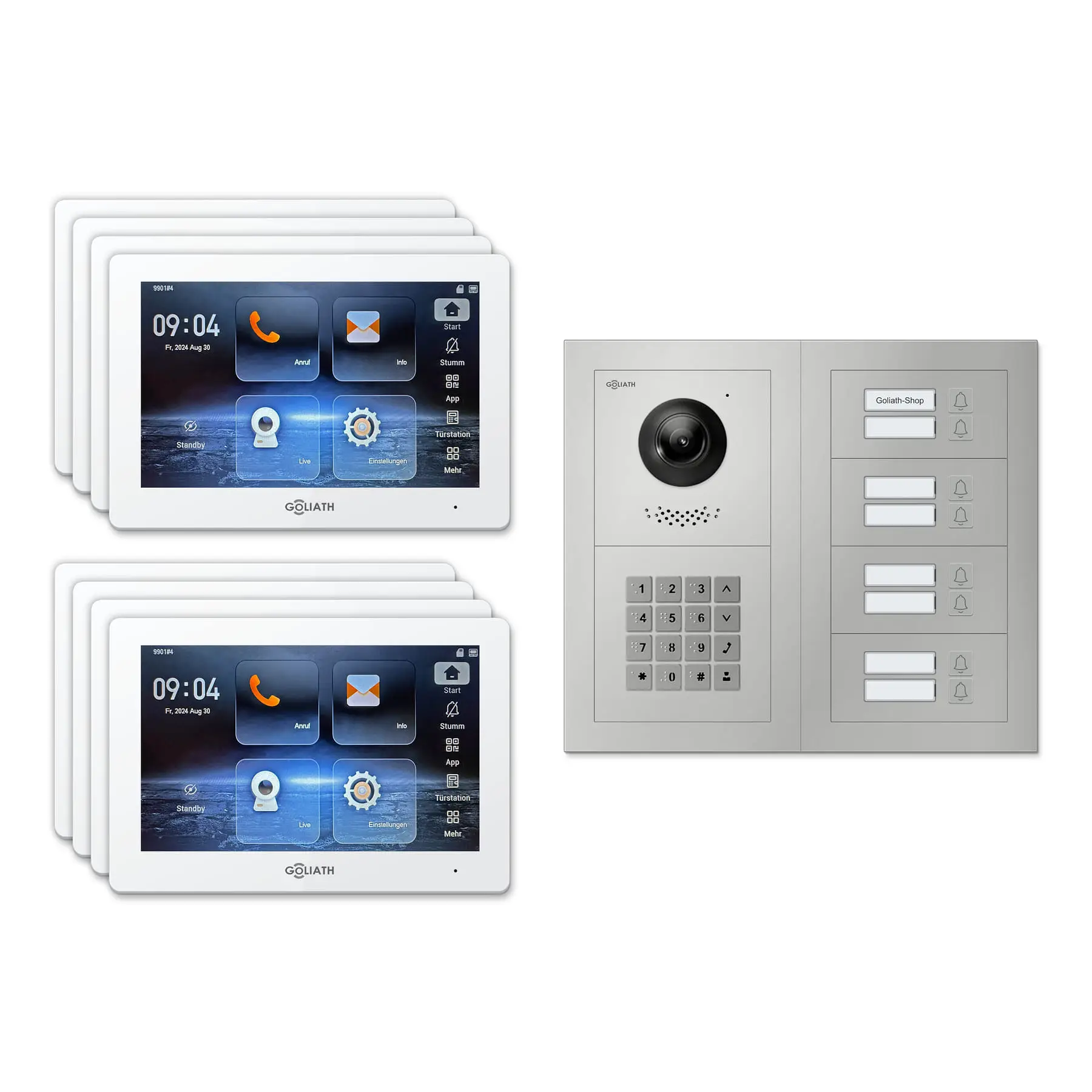 Goliath Türsprechanlage mit Kamera GL-HB820 für 8-Familienhaus: 8 Monitore mit 7 Zoll in Weiß, Außenstation in Silber mit 8 Klingeltasten sowie Zahlencode. Set für Unterputzmontage.
