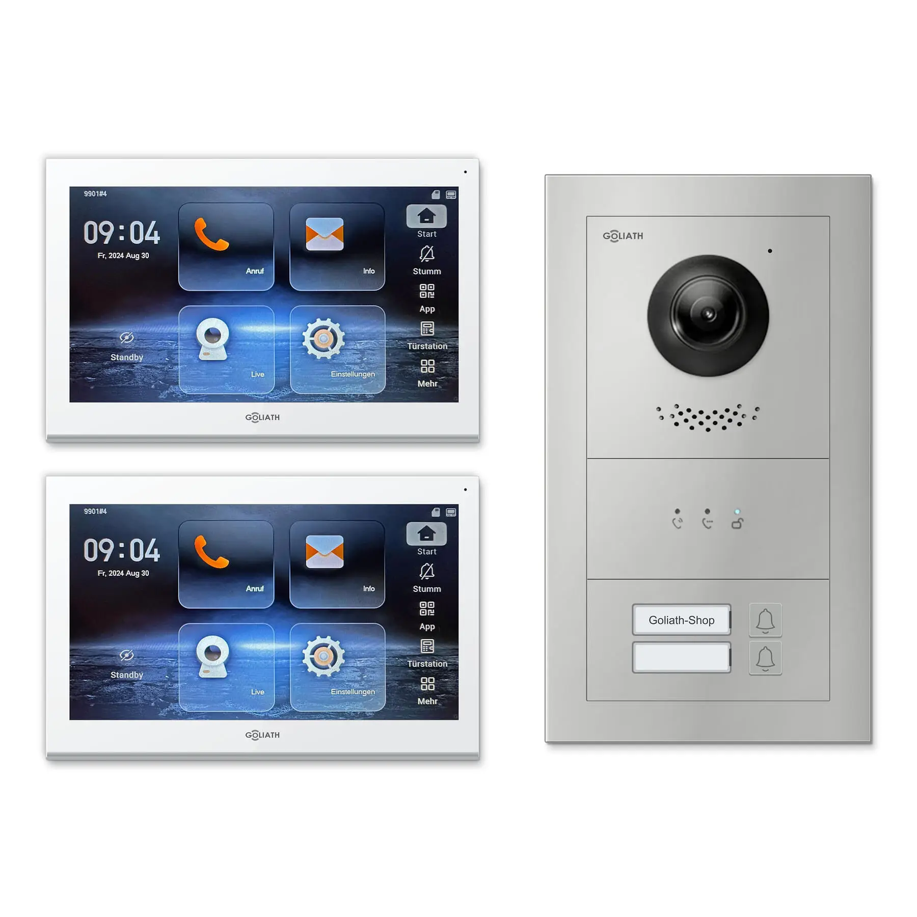 Goliath Video Türsprechanlage GL-IPH200.2 für 2-Familienhaus: 2 Monitore mit 10 Zoll in Weiß, Außenstation in Silber mit 2 Klingeltasten sowie Statusanzeige. Set für Aufputzmontage.