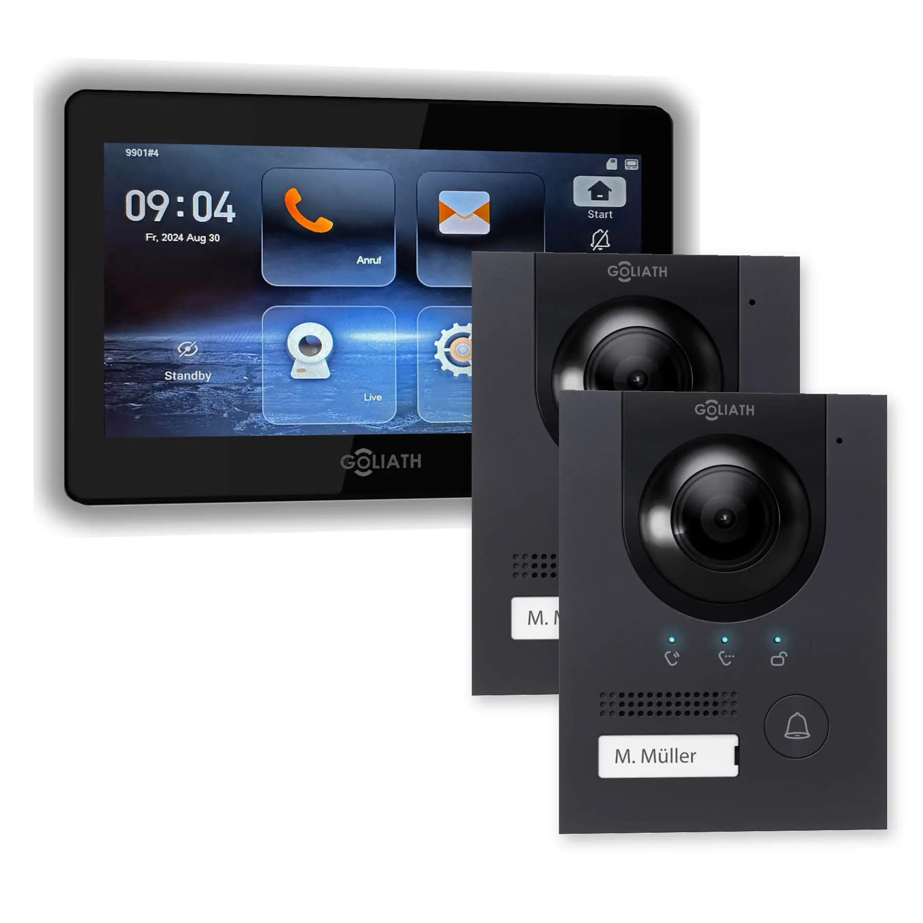 Goliath IP-Set mit zwei anthrazitfarbenen Kompakt-Außenstationen und 1 schwarzem 7-Zoll-Innenmonitor.