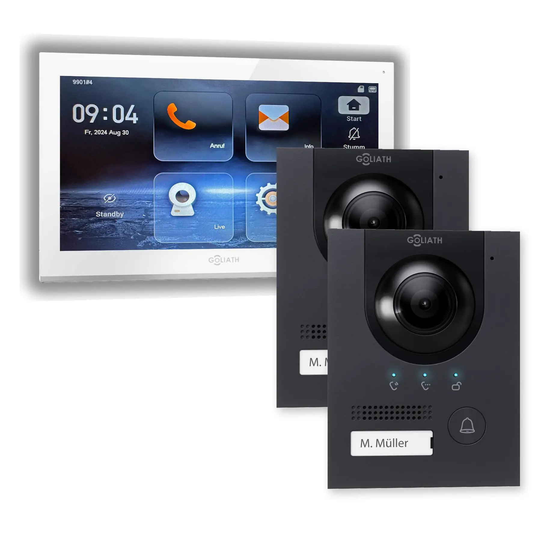 Goliath IP-Set mit zwei anthrazitfarbenen Kompakt-Außenstationen und 1 weißem 10-Zoll-Innenmonitor.