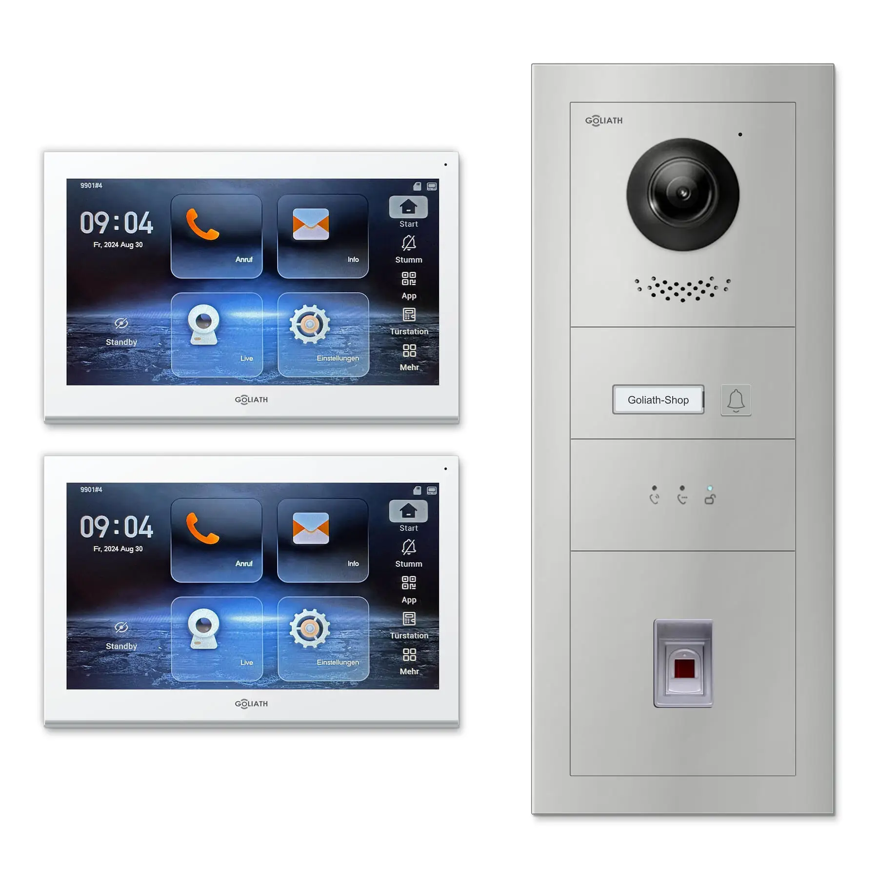 Goliath Video Türsprechanlage GL-IPH131 für 1-Familienhaus: 2 Monitore mit 10 Zoll in Weiß, Außenstation in Silber mit 1 Klingeltaste sowie Statusanzeige, Fingerprint. Set für Unterputzmontage.