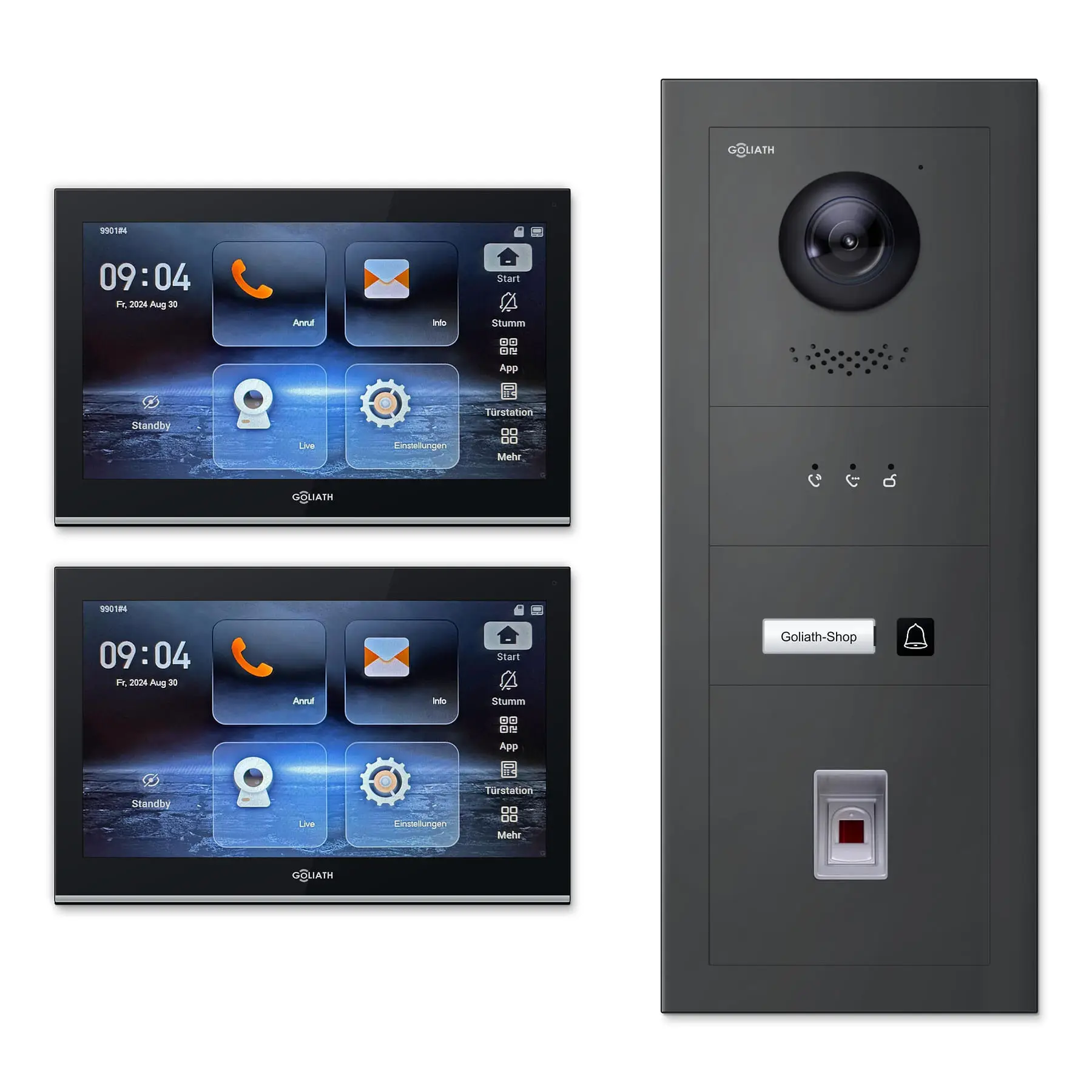 Goliath Video Türsprechanlage GL-IPH131A.6 für 1-Familienhaus: 2 Monitore mit 10 Zoll in Schwarz, Außenstation in Anthrazit mit 1 Klingeltaste sowie Statusanzeige, Fingerprint. Set für Aufputzmontage.