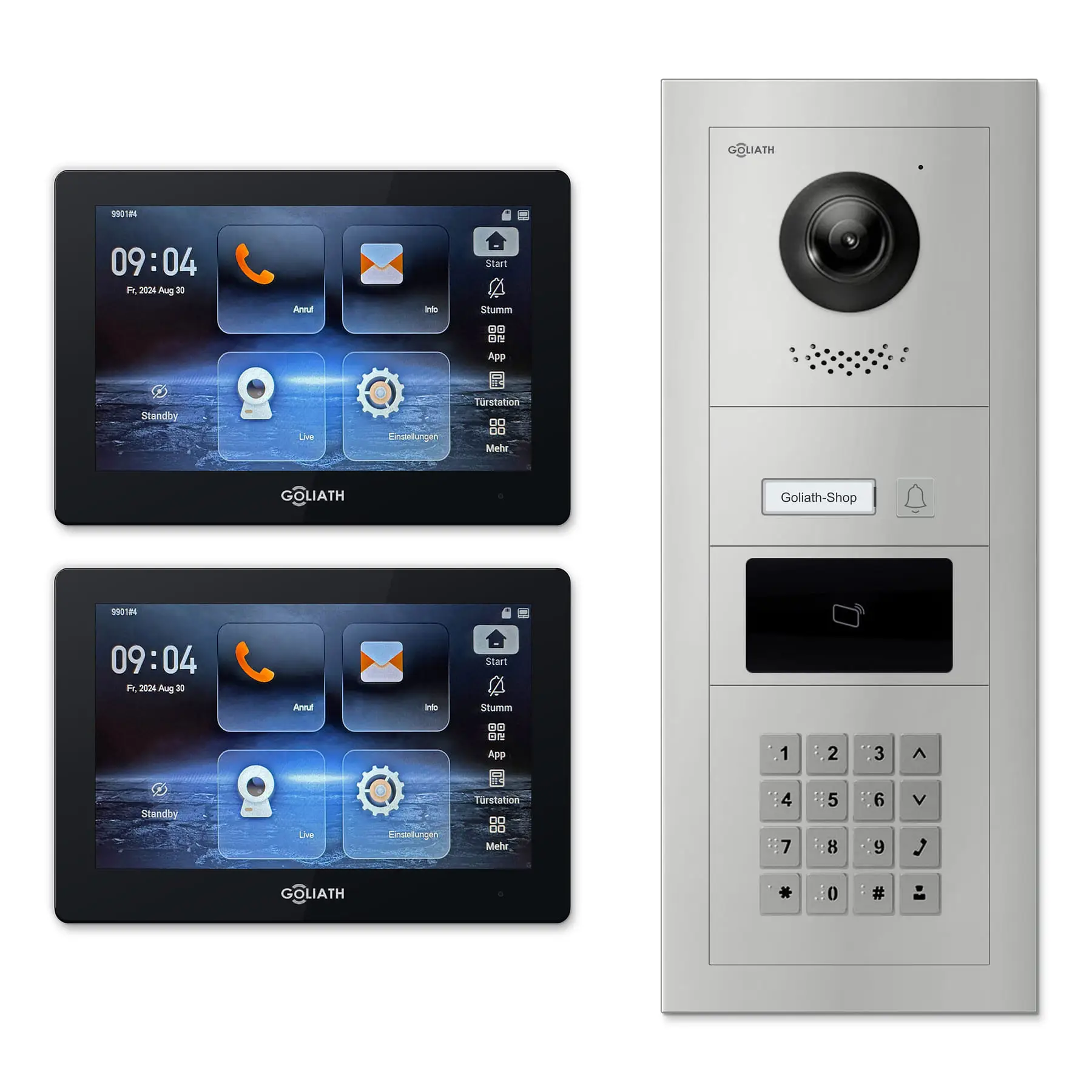 Goliath Video Türsprechanlage GL-IPH156.6 für 1-Familienhaus: 2 Monitore mit 7 Zoll in Schwarz, Außenstation in Silber mit 1 Klingeltaste sowie RFID, Zahlencode. Set für Aufputzmontage.