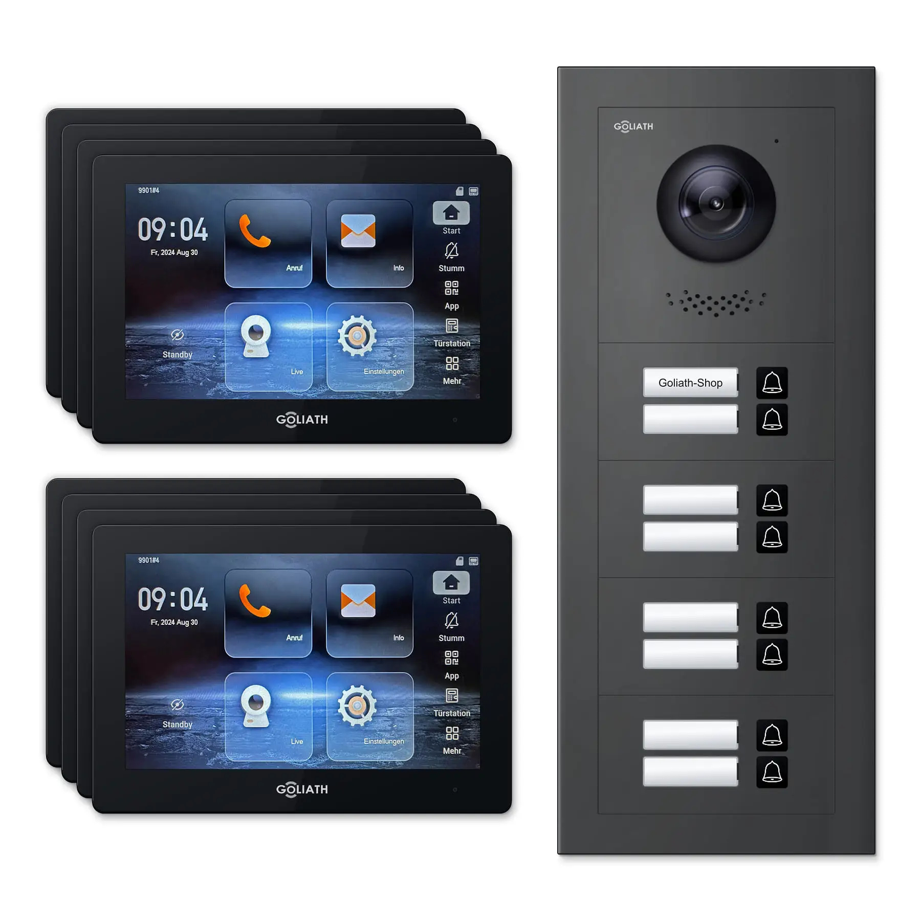 Goliath Türsprechanlage mit Kamera GL-HB800A.3 für 8-Familienhaus: 8 Monitore mit 7 Zoll in Schwarz, Außenstation in Anthrazit mit 8 Klingeltasten. Set für Aufputzmontage.