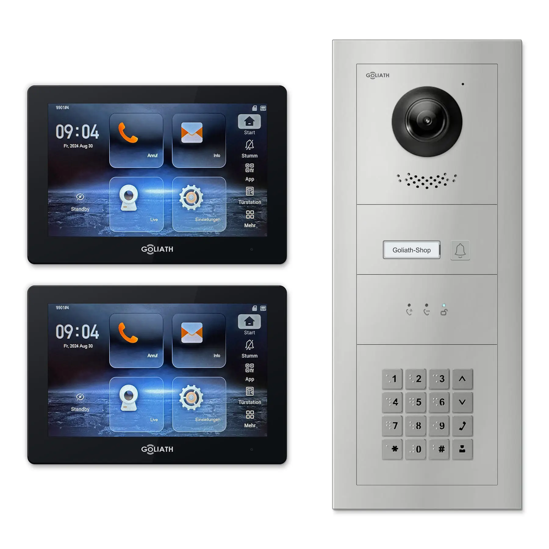 Goliath Türsprechanlage mit Kamera GL-HB121.2 für 1-Familienhaus: 2 Monitore mit 7 Zoll in Schwarz, Außenstation in Silber mit 1 Klingeltaste sowie Statusanzeige, Zahlencode. Set für Unterputzmontage.