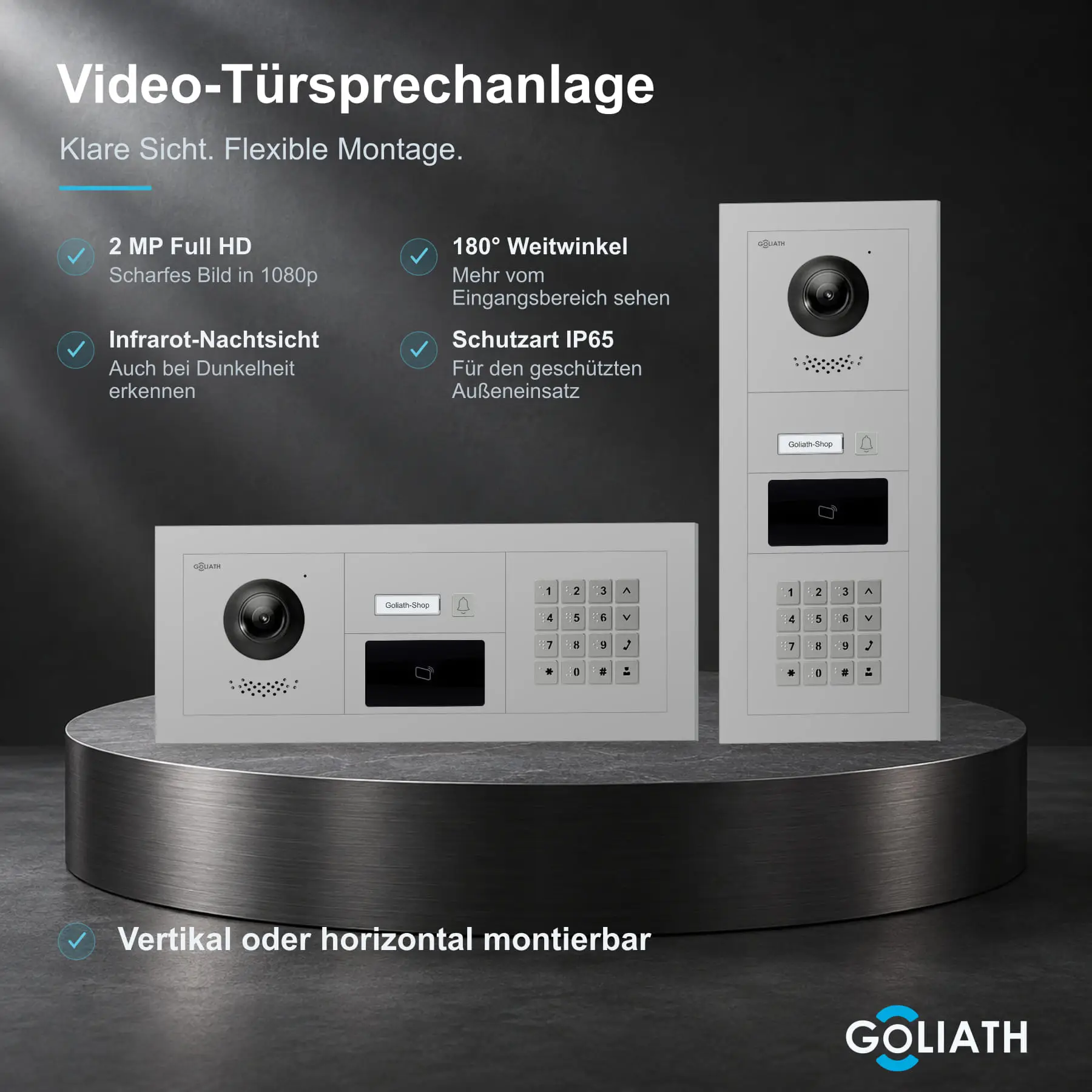 Goliath Premium-Line-Außenstation in Silber mit Kamera, 1 Klingeltaste, Zahlencode-Tastatur und RFID-Leser. Senkrechte und waagerechte Anordnung auf Naturstein.