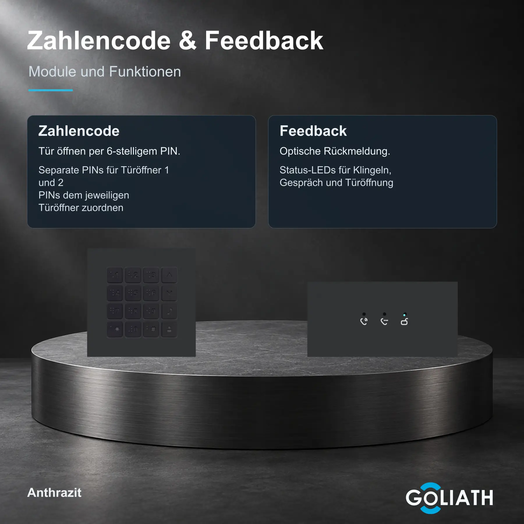Zahlencode-Tastatur und Feedback-Anzeige für die Goliath Türsprechanlage in Anthrazit: Türöffnung per PIN und optische Rückmeldung zu Klingeln, Gespräch und Türöffnung.