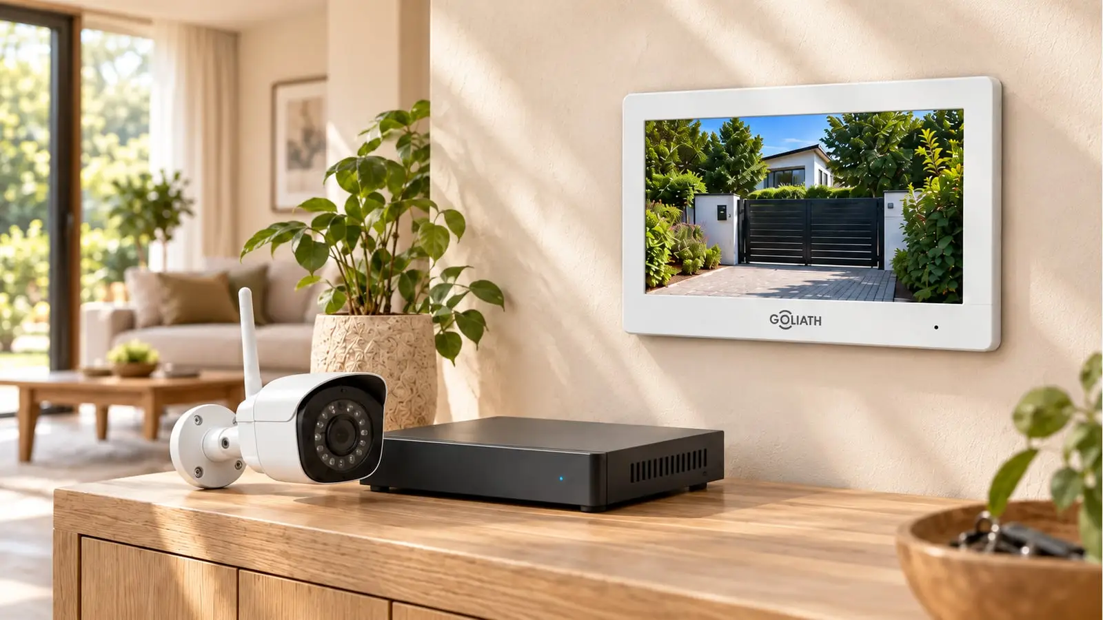 Wei&szlig;e IP-Kamera und schwarzer NVR-Recorder neben einem Goliath Innenmonitor mit Livebild einer Einfahrt