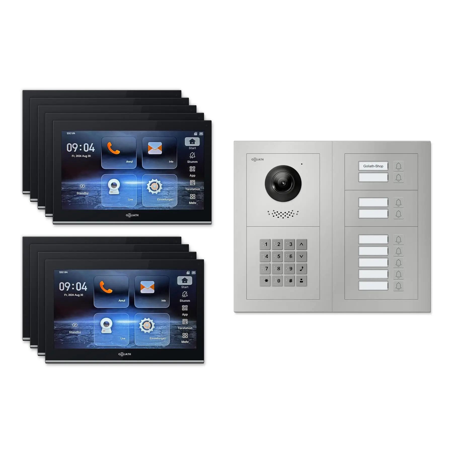 Goliath Video Türsprechanlage GL-IPH920.3 für 9-Familienhaus: 9 Monitore mit 10 Zoll in Schwarz, Außenstation in Silber mit 9 Klingeltasten sowie Zahlencode. Set für Aufputzmontage.
