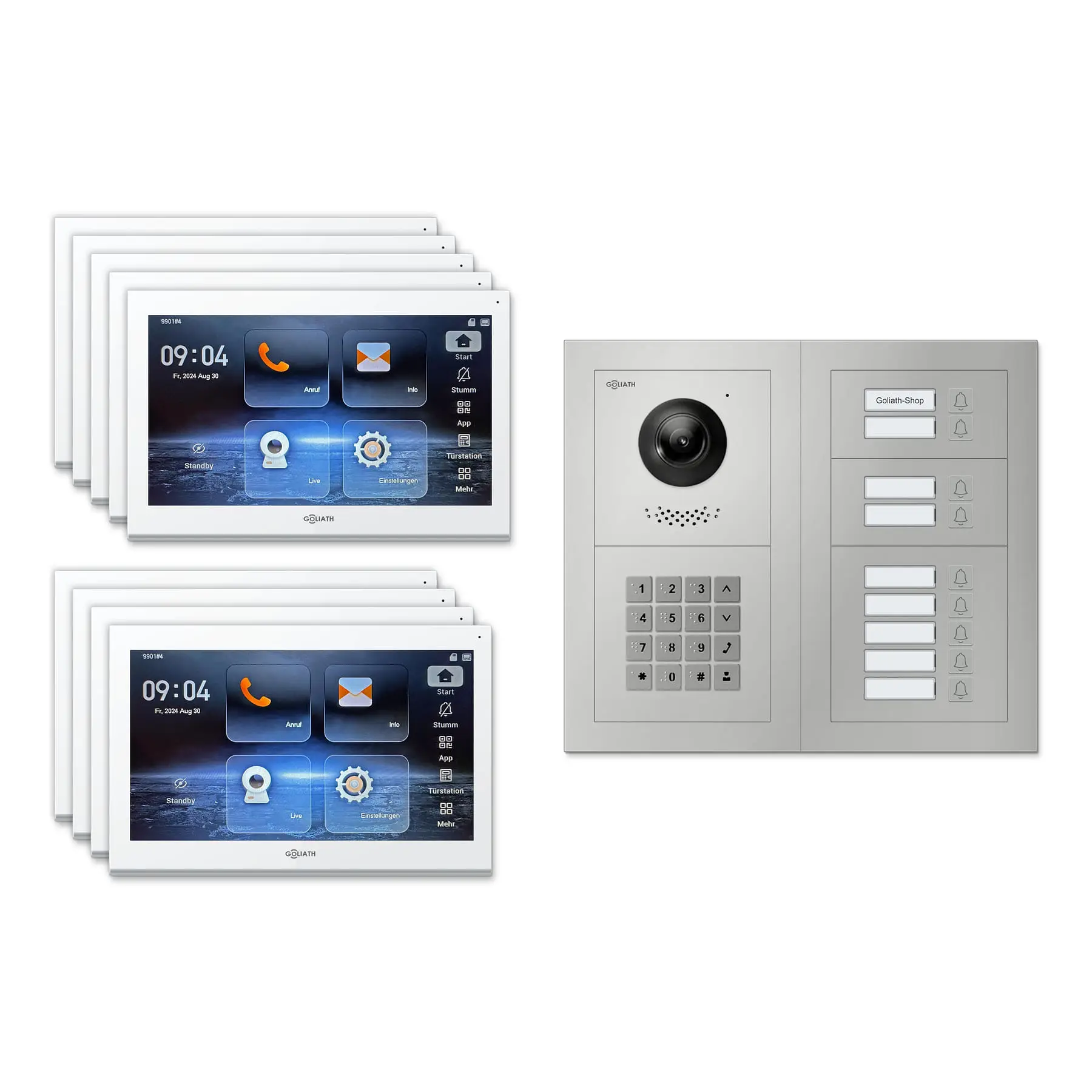 Goliath Video Türsprechanlage GL-IPH920 für 9-Familienhaus: 9 Monitore mit 10 Zoll in Weiß, Außenstation in Silber mit 9 Klingeltasten sowie Zahlencode. Set für Unterputzmontage.