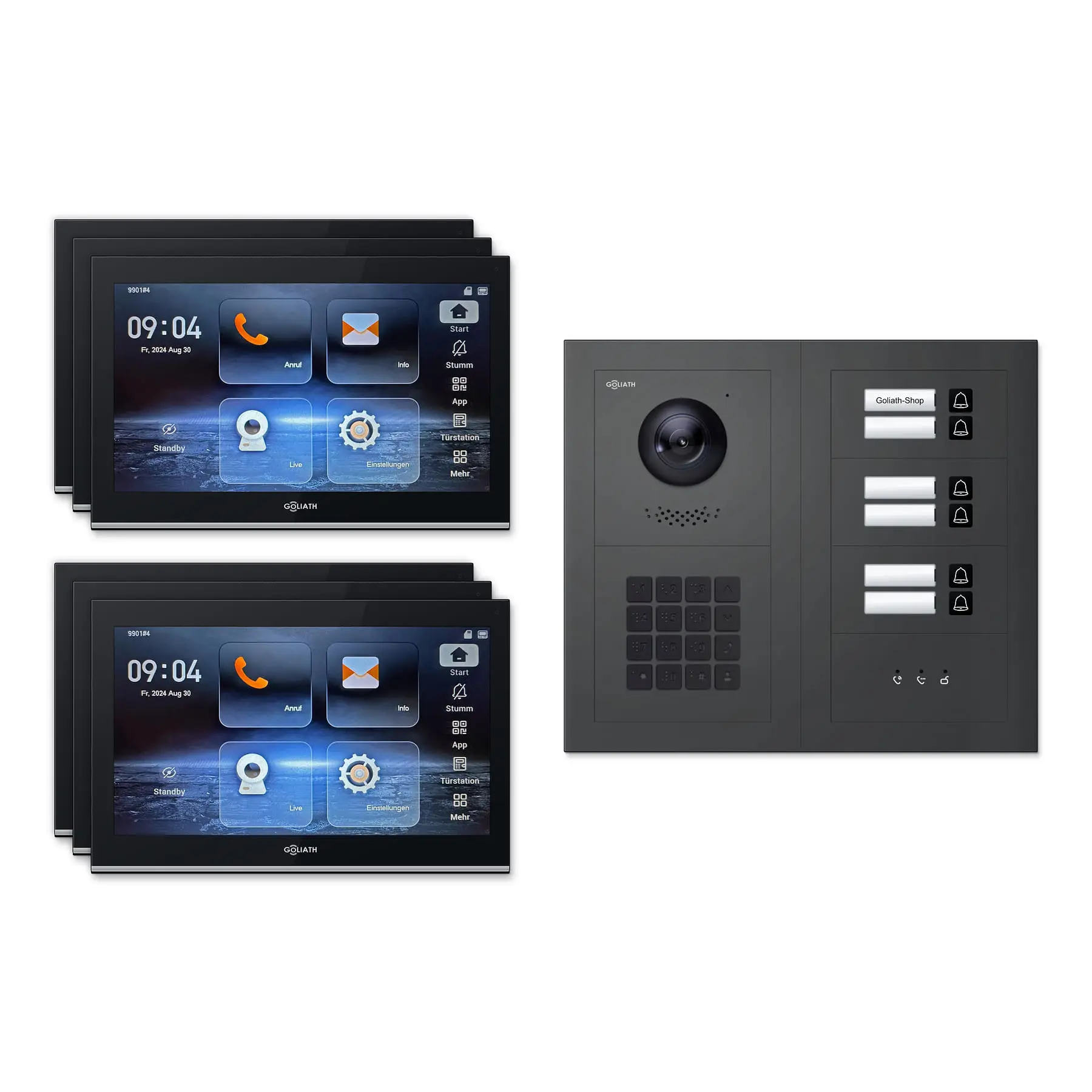 Goliath Video Türsprechanlage GL-IPH630A.2 für 6-Familienhaus: 6 Monitore mit 10 Zoll in Schwarz, Außenstation in Anthrazit mit 6 Klingeltasten sowie Statusanzeige, Zahlencode. Set für Unterputzmontage.