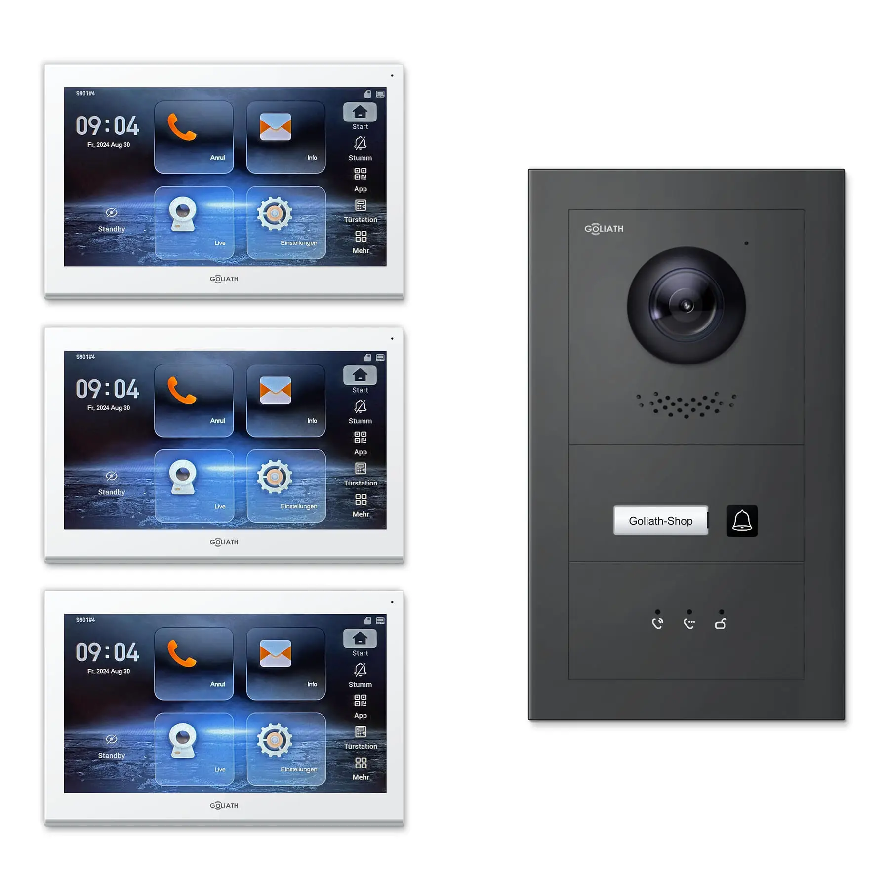 Goliath Video Türsprechanlage GL-IPH102A.2 für 1-Familienhaus: 3 Monitore mit 10 Zoll in Weiß, Außenstation in Anthrazit mit 1 Klingeltaste sowie Statusanzeige. Set für Aufputzmontage.