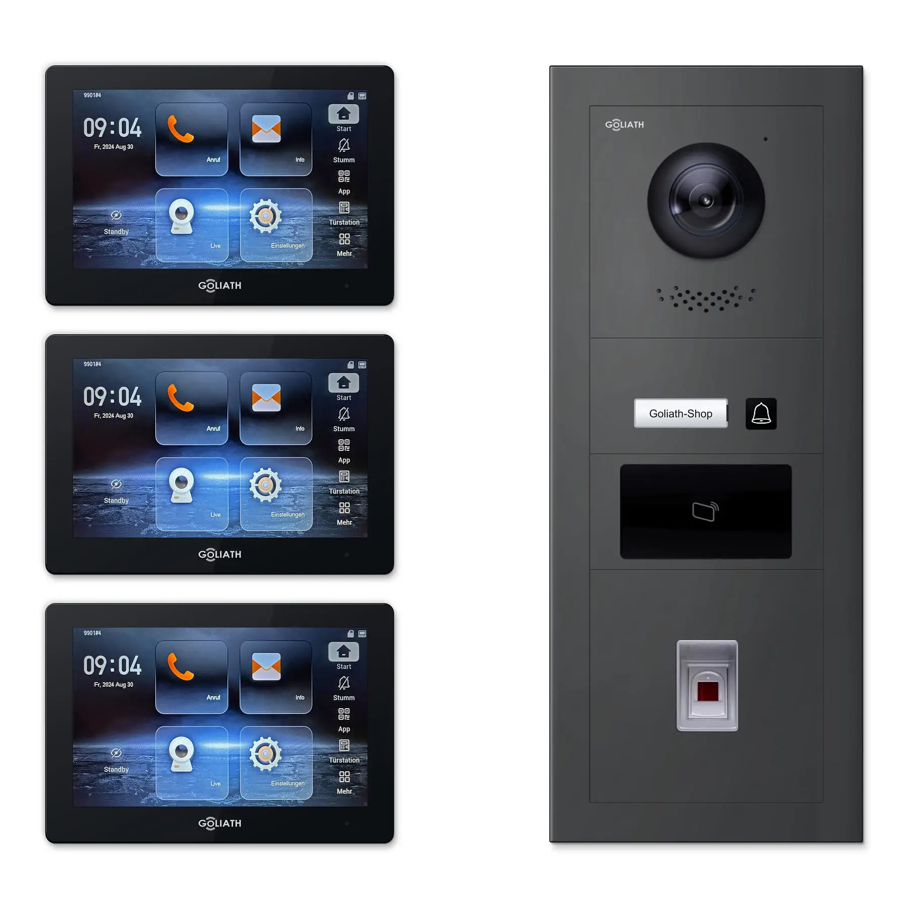 Goliath Video Türsprechanlage GL-IPH147A.4 für 1-Familienhaus: 3 Monitore mit 7 Zoll in Schwarz, Außenstation in Anthrazit mit 1 Klingeltaste sowie RFID, Fingerprint. Set für Unterputzmontage.