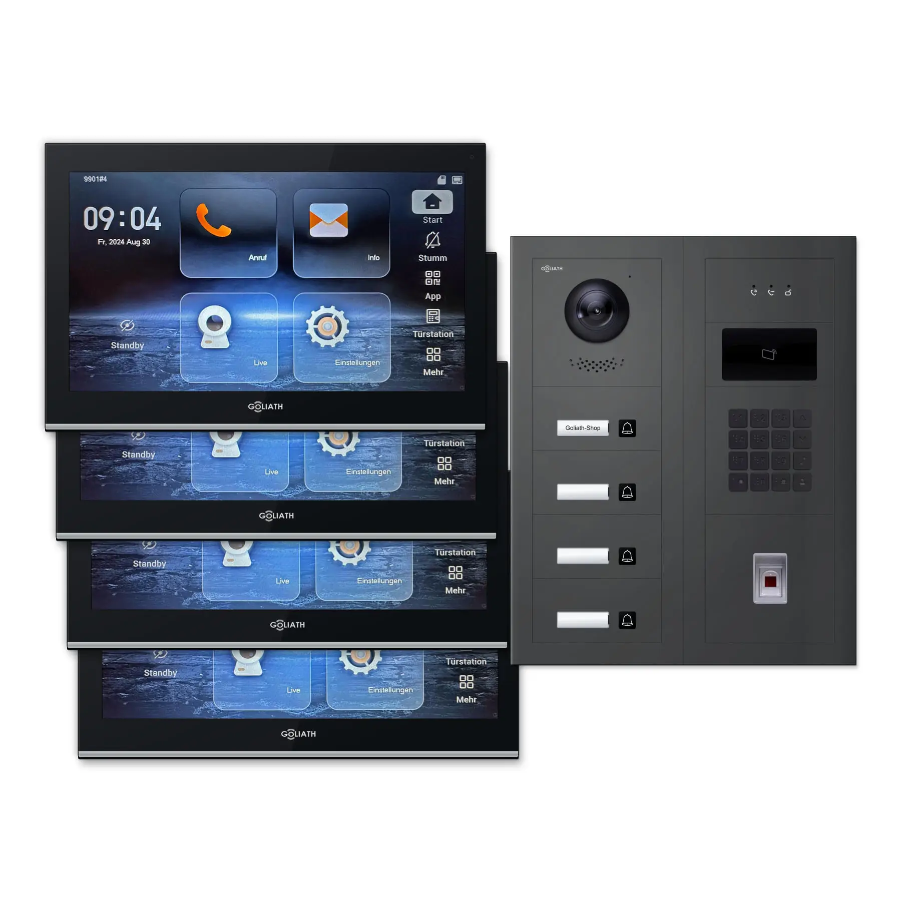 Modulare Goliath Außenstation in anthrazit mit 4 Klingeltasten, Fingerprint, Zahlencode und RFID sowie Feedback-Modul und 4 10-Zoll-Innenmonitoren in Schwarz.