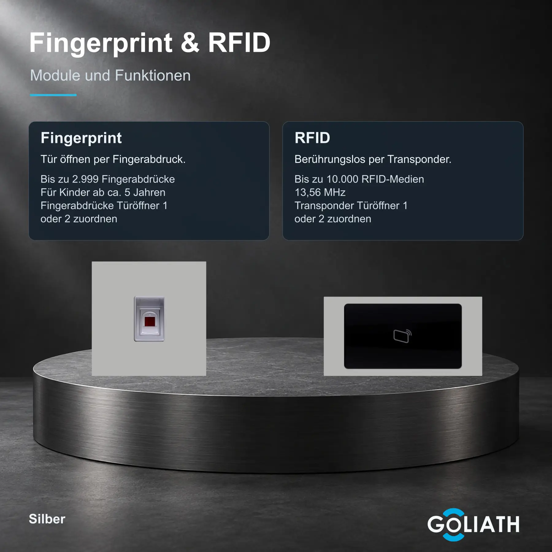 Fingerprint-Modul und RFID-Leser für die Goliath Türsprechanlage in Silber: Türöffnung per Fingerabdruck und berührungslose Türöffnung per Transponder.
