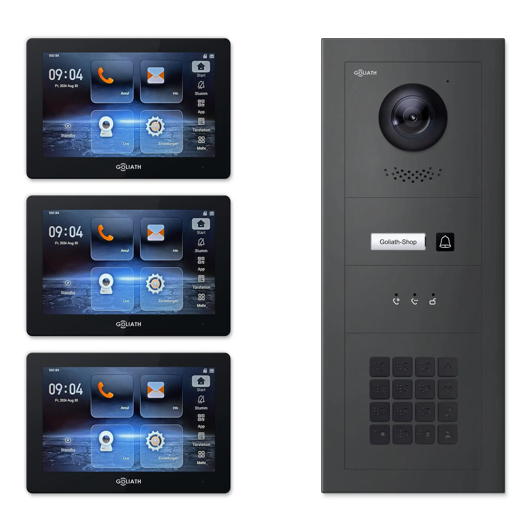 Goliath Video Türsprechanlage GL-IPH127A.4 für 1-Familienhaus: 3 Monitore mit 7 Zoll in Schwarz, Außenstation in Anthrazit mit 1 Klingeltaste sowie Statusanzeige, Zahlencode. Set für Unterputzmontage.
